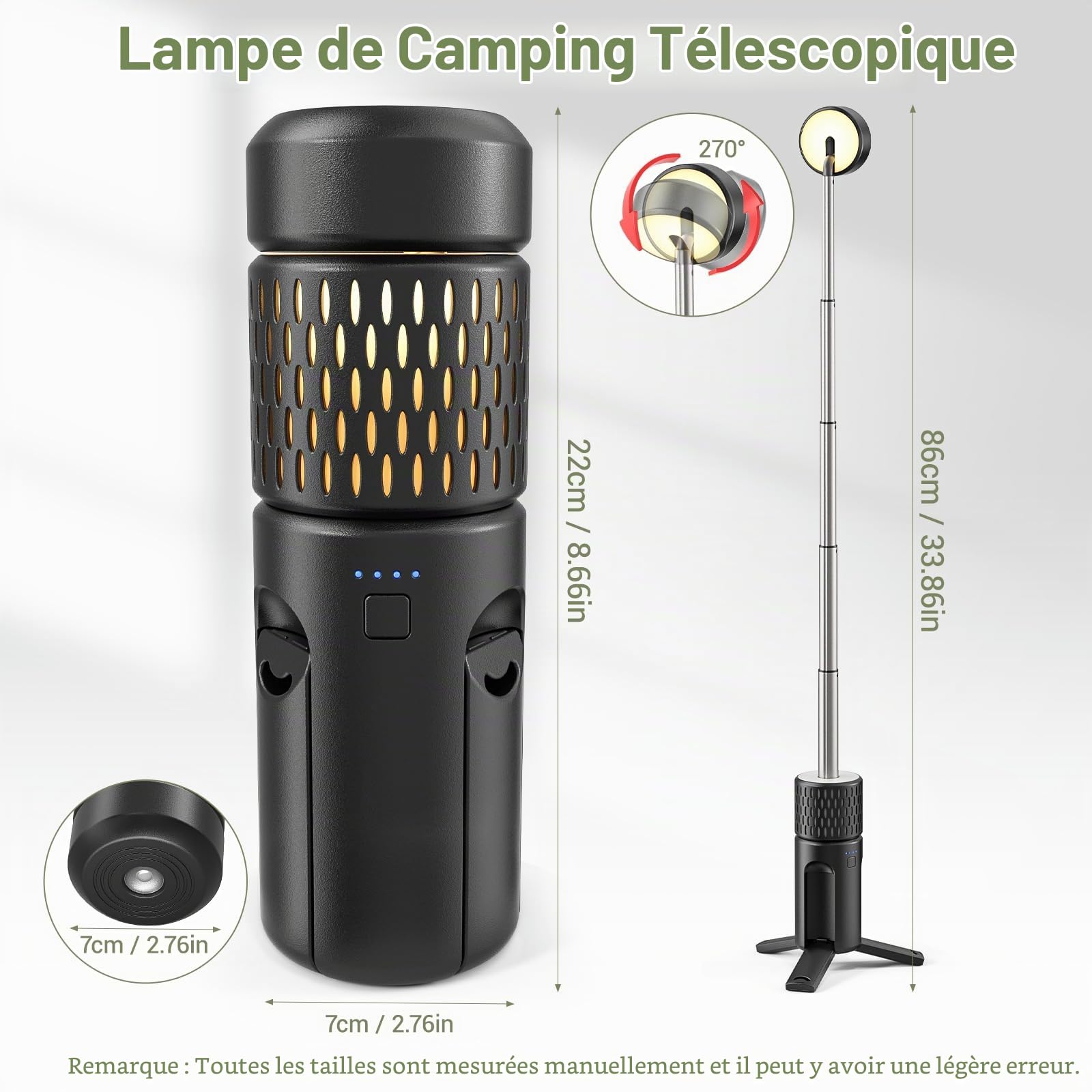 Lampes de camping télescopiques rechargeables 5400 mAh, étanches IP54 | lampe de tente de camping portable à LED, lampe de travail 600 lumens, 3 000/7 000 K, intensité réglable