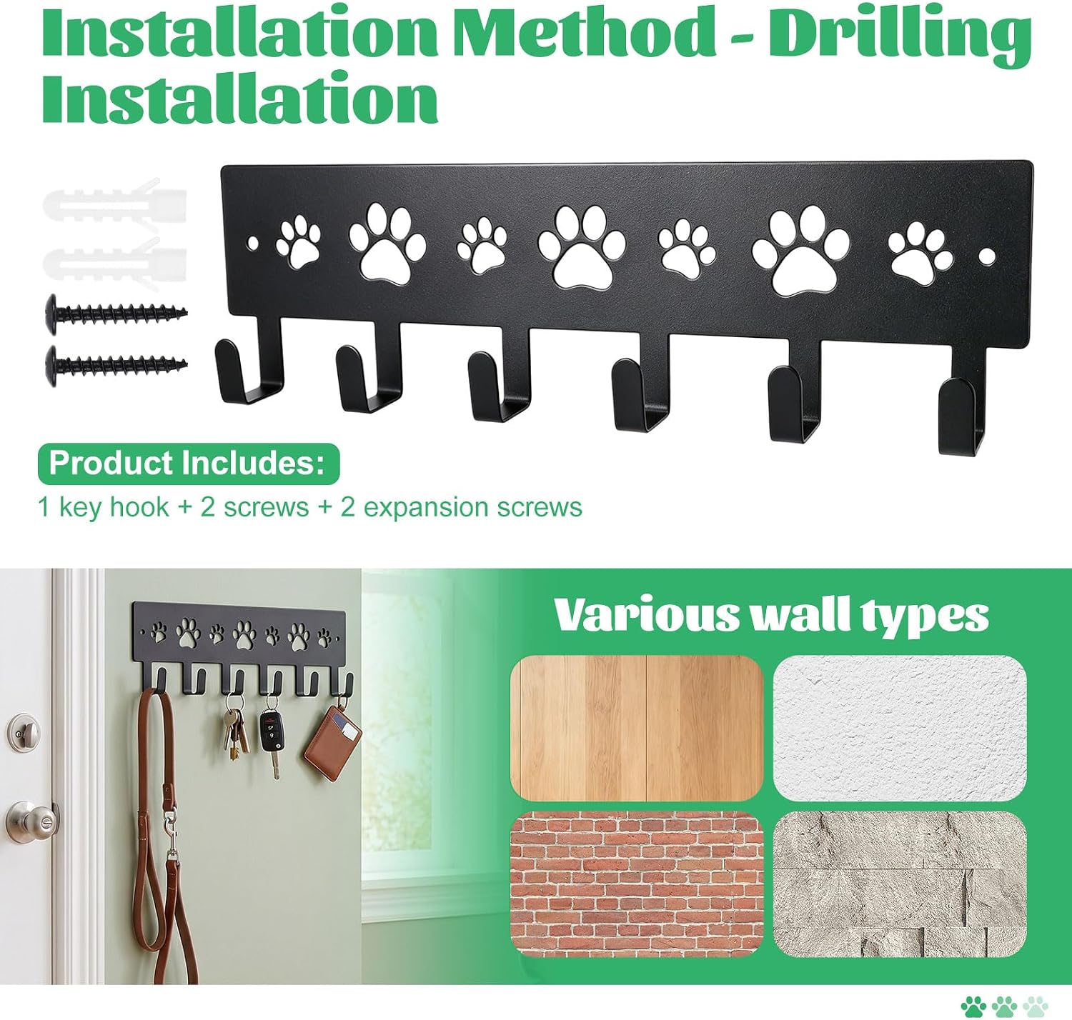 6-Hooks Key Holder Wall Mount, Decorative Dog Leash Holder for Wall 9.75×2.73 inch, Metal Key Hooks Hanger Storage Rack Leash Hooks for Entrance Living Room Kitchen Gifts for Dog Lovers