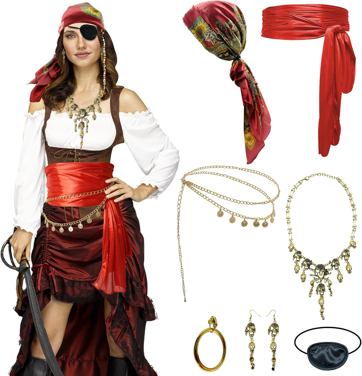 Womens Pirate Costume Accessories Set Head Scarf Sash Chain Belt Necklace Eye Patch for Adult