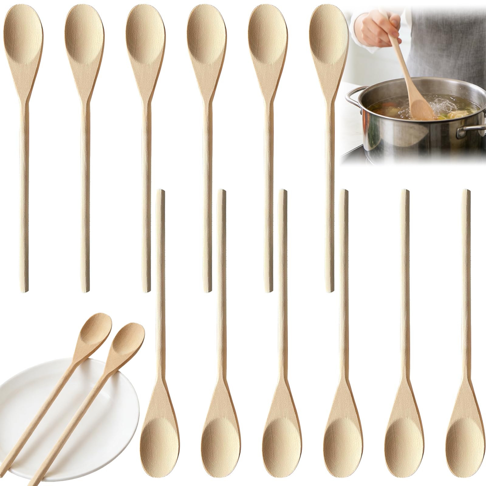 12 PCS 12 Inch Wooden Spoons for Cooking – Long Handle Wooden Cooking Spoons – Wooden Spoons for Mixing, Stirring & Baking – Natural Reusable Wooden Kitchen Spoons Set for Home Use