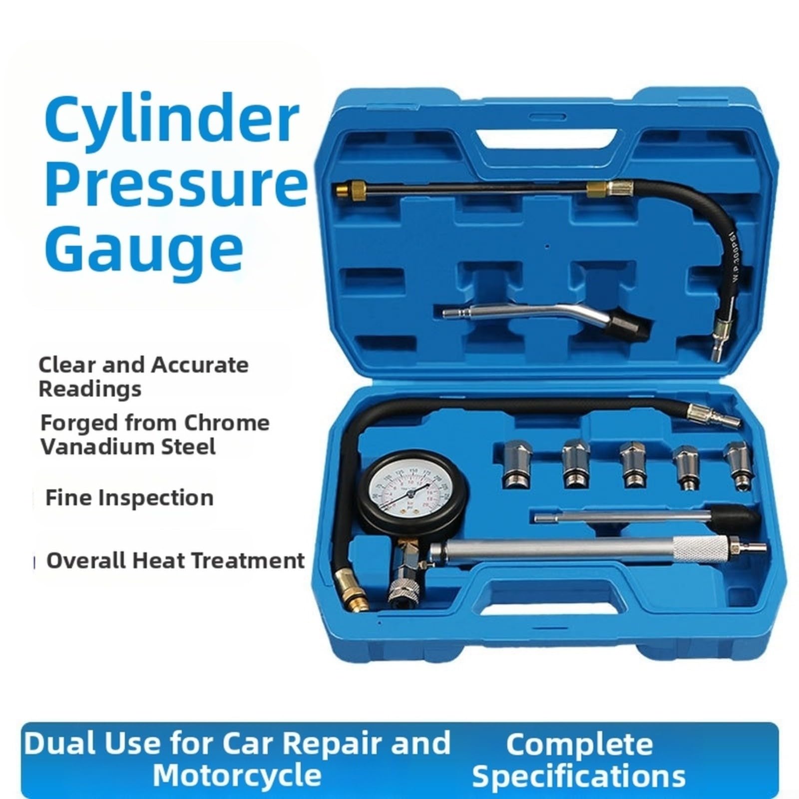 Kit manometro cilindrico da 11 pezzi, 0-300 psi/0-20 bar, per test motori auto, con cassa in lega, antiurto, per quadrante e tubo flessibile