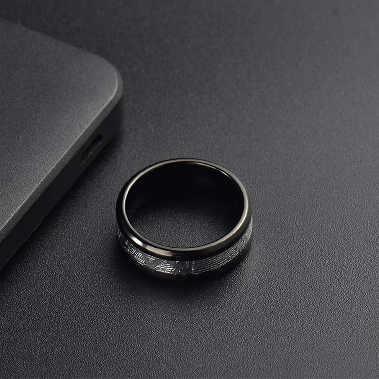 Anello Carburo di Tungsteno Anello con Meteorite Inserto Anello Uomo Fedina Incisione 8MM Anello Tungsteno Nero Argento Misura 12-31