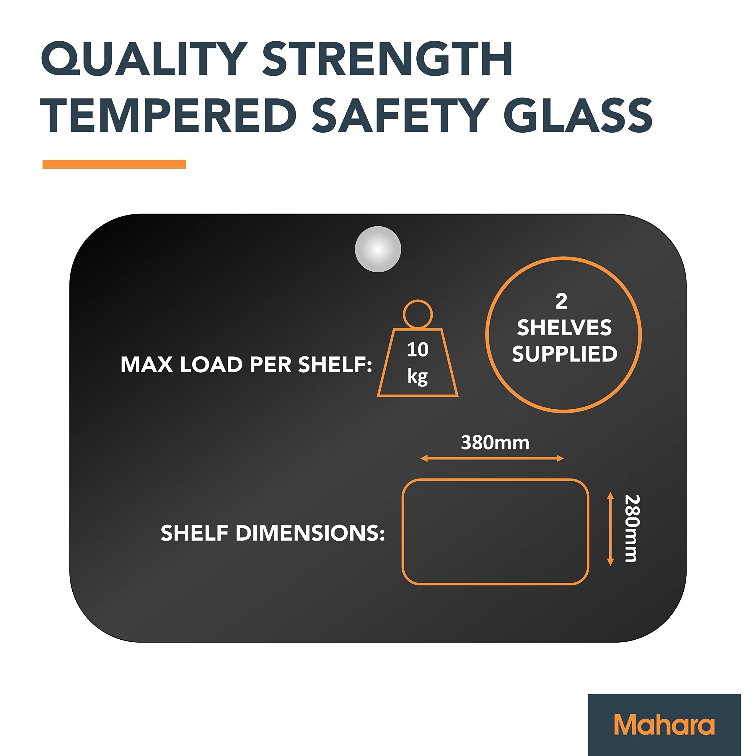 mahara Schweberegale aus schwarzem Glas – Zweistöckiges Regal mit gehärtetem Glas und schwarzem Kabelmanagement – für TV, AV und Gaming – 38 cm x 28 cm – max. 10 kg