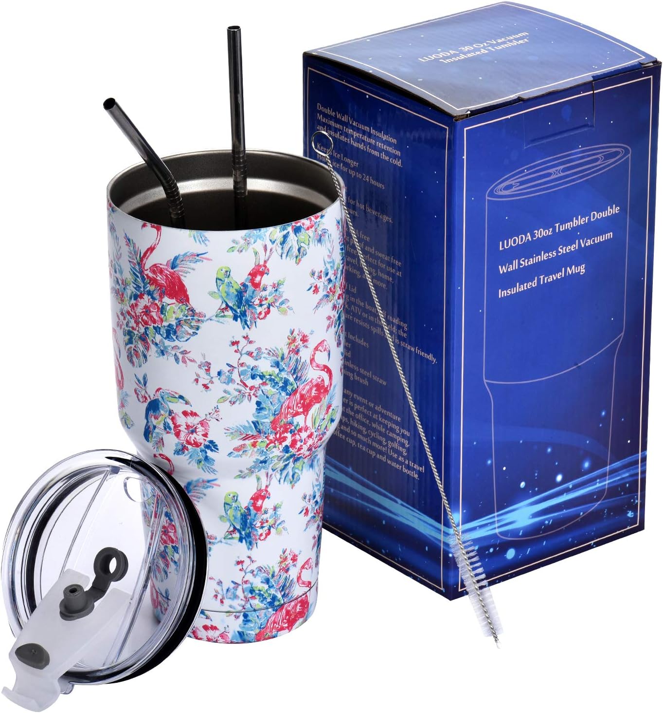 LUODA 30 oz Tumbler Stainless Steel Double Wall Vacuum Insulated Travel Mug With Lid and 2 Straw, Cleaning Brush and Great Box (Beautiful Sunflowers)