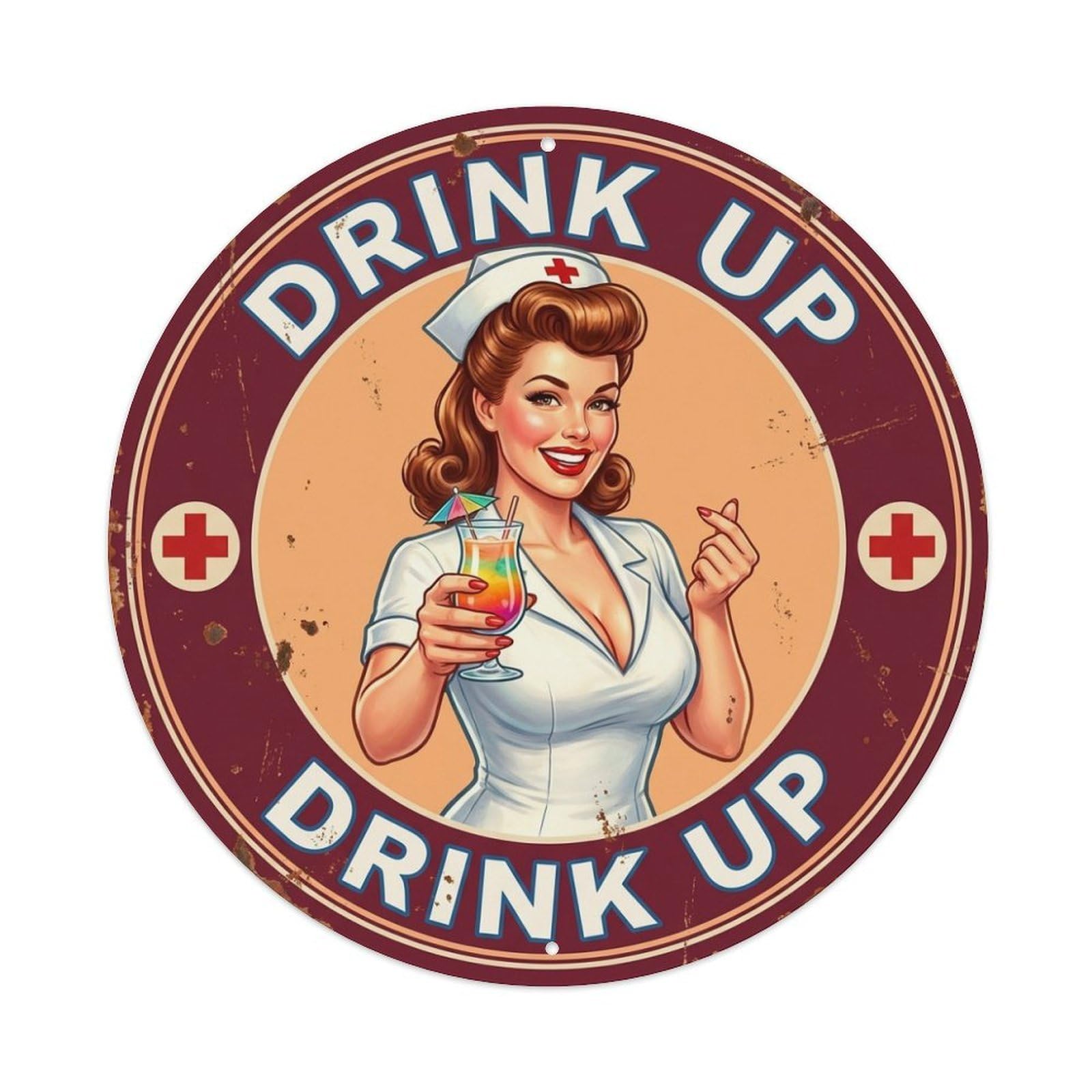 Drink Up Nurse Cocktail Humor Rainbow Glass Metal Tin Sign