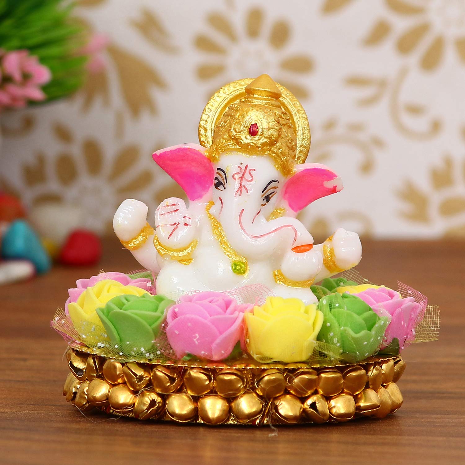 eCraftIndia Lord Ganesha Idol on Decorative Handcrafted Plate with Colorful Flowers