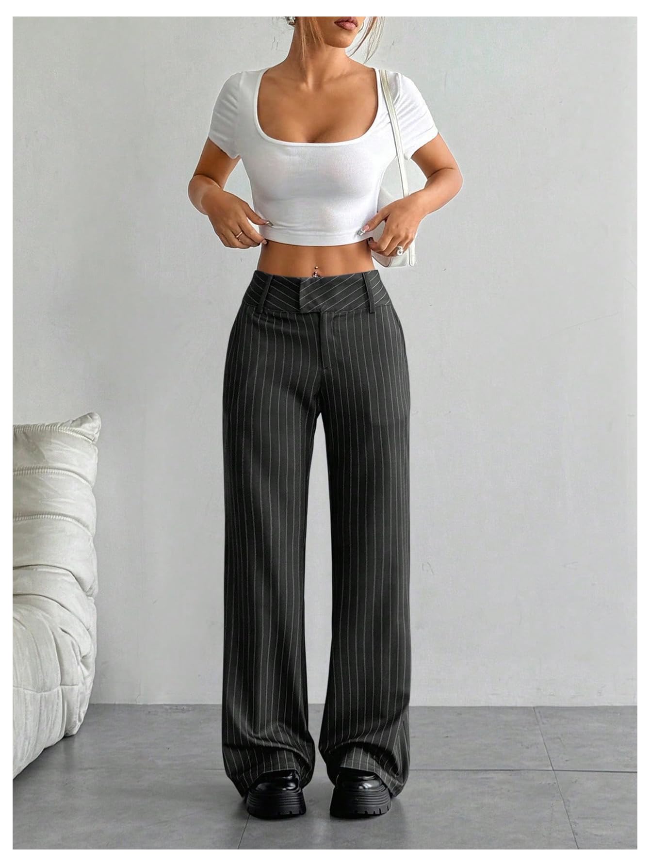 Floerns Pantalones de vestir de cintura alta con estampado a rayas para mujer, pantalones de traje de trabajo de pierna recta