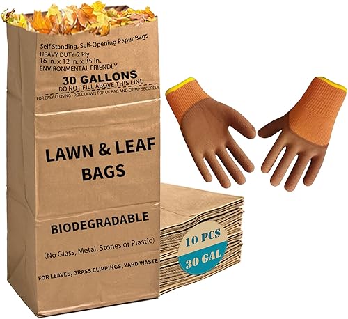 10 bolsas de 30 galones para césped y hojas con guantes de jardinería, bolsas de papel kraft grandes de 2 capas resistentes Bolsas de basura