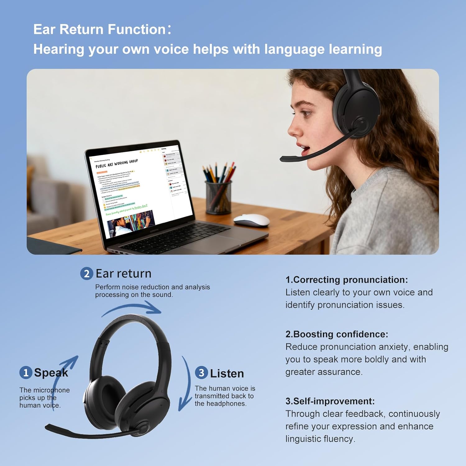 AI Translation Headphones Real Time, 144 Languages Learning Headphones, Meeting Recording + TF Card, Ear Return, Over-Ear Translation Device for Learning –Black - Image 10