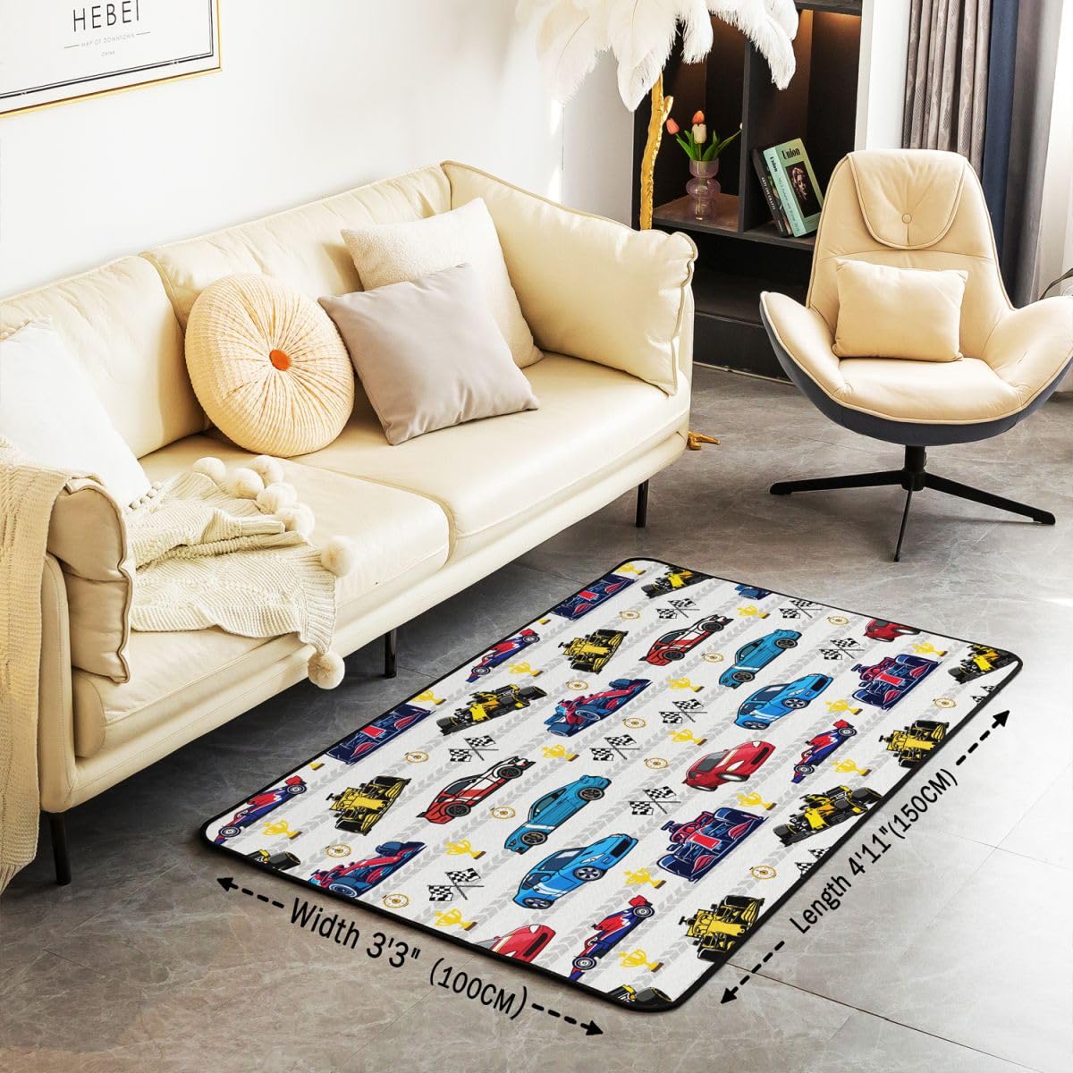 Tapis de salon, voiture de course, 150 x 200 cm, voiture de sport, chambre à coucher, pour garçons et filles, thème sports extrêmes, bleu, rouge, jaune, décoration d'intérieur