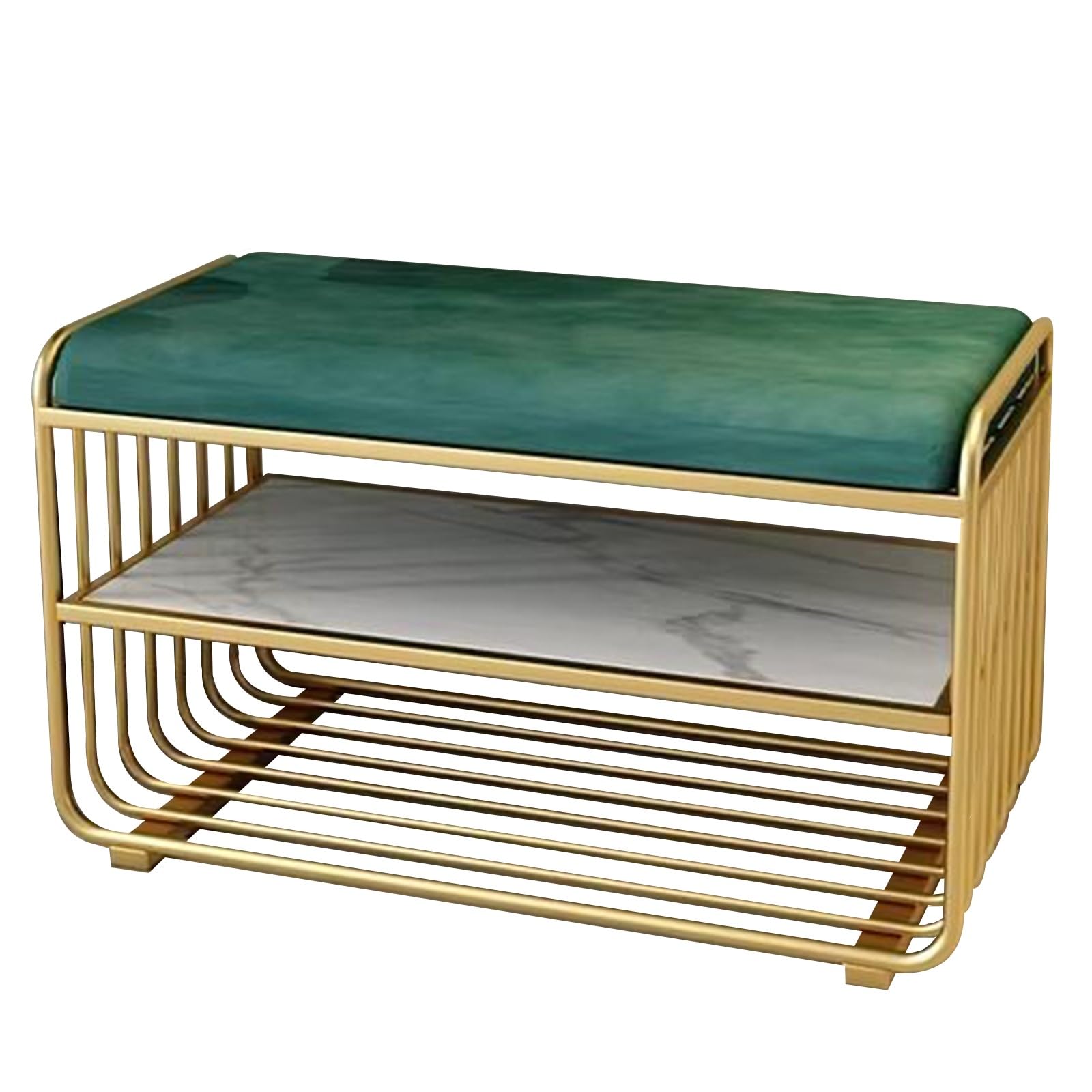 LWJSOCP Compact 2Tier Shoe Bench with Cushion & Shelf – MultiPurpose Entryway Shoe Rack for Hallway Living Room Bedroom – Stylish Iron e (Green 31.49in/80cm)