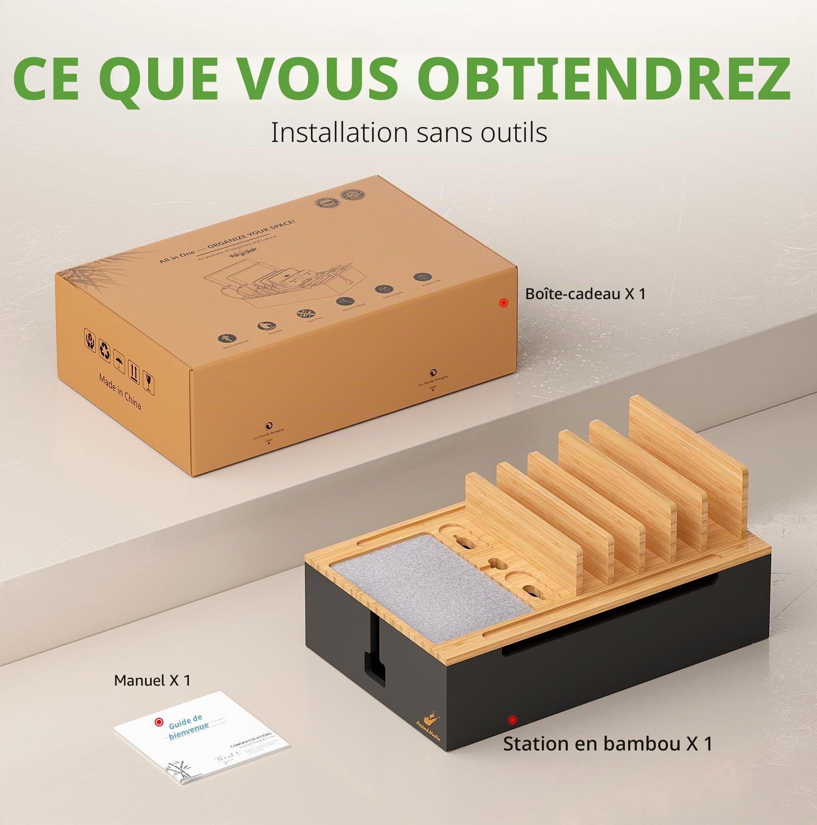 Pezin & Hulin Station de charge en bambou, organiseur d'appareils électroniques pour plusieurs appareils tels que téléphone portable, tablette, montre et plus encore, naturel + noir, (pas de chargeur