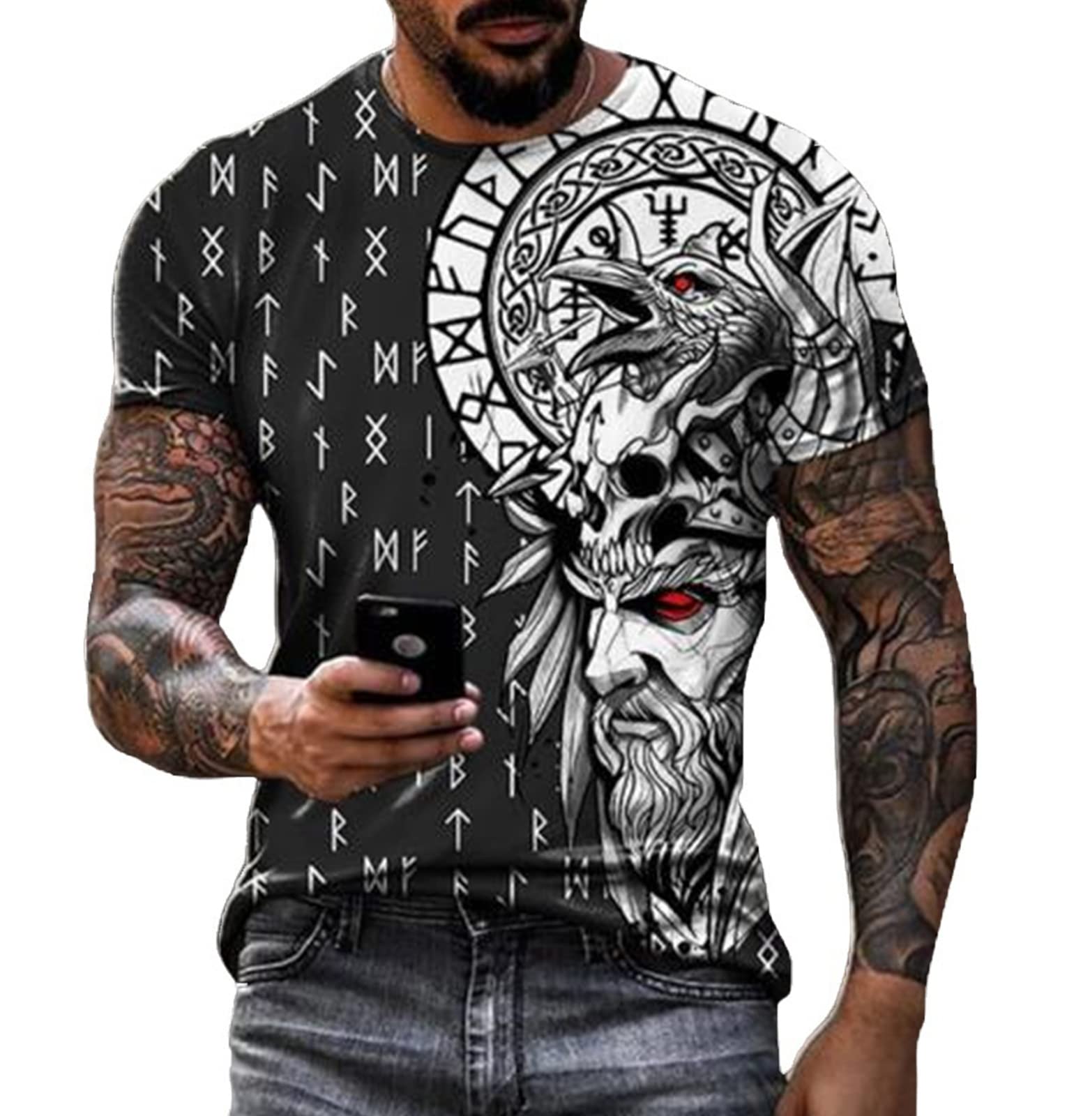 Kewing Men's 4A Viking Symbol Totem Tattoo T-Shirt 3D Printed Fashion Summer O-Neck T-Shirt