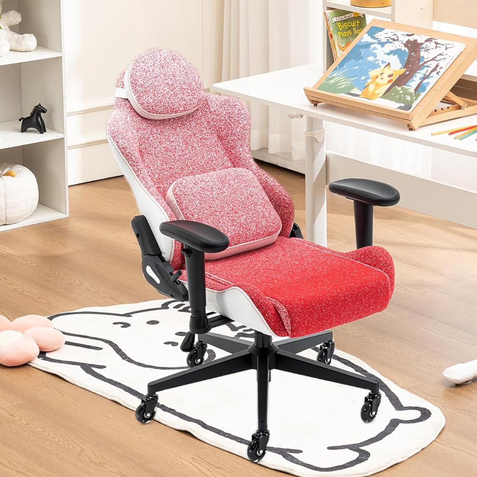 Computer Gaming Desk Chair,Cute Pink Ergonomic Desk Chairs with2D Armrest Headrest Height Adjustable, Swivel Task PU Leather Racing Chair with Glow Casters for Teens, Adults,Girls, Pink Red