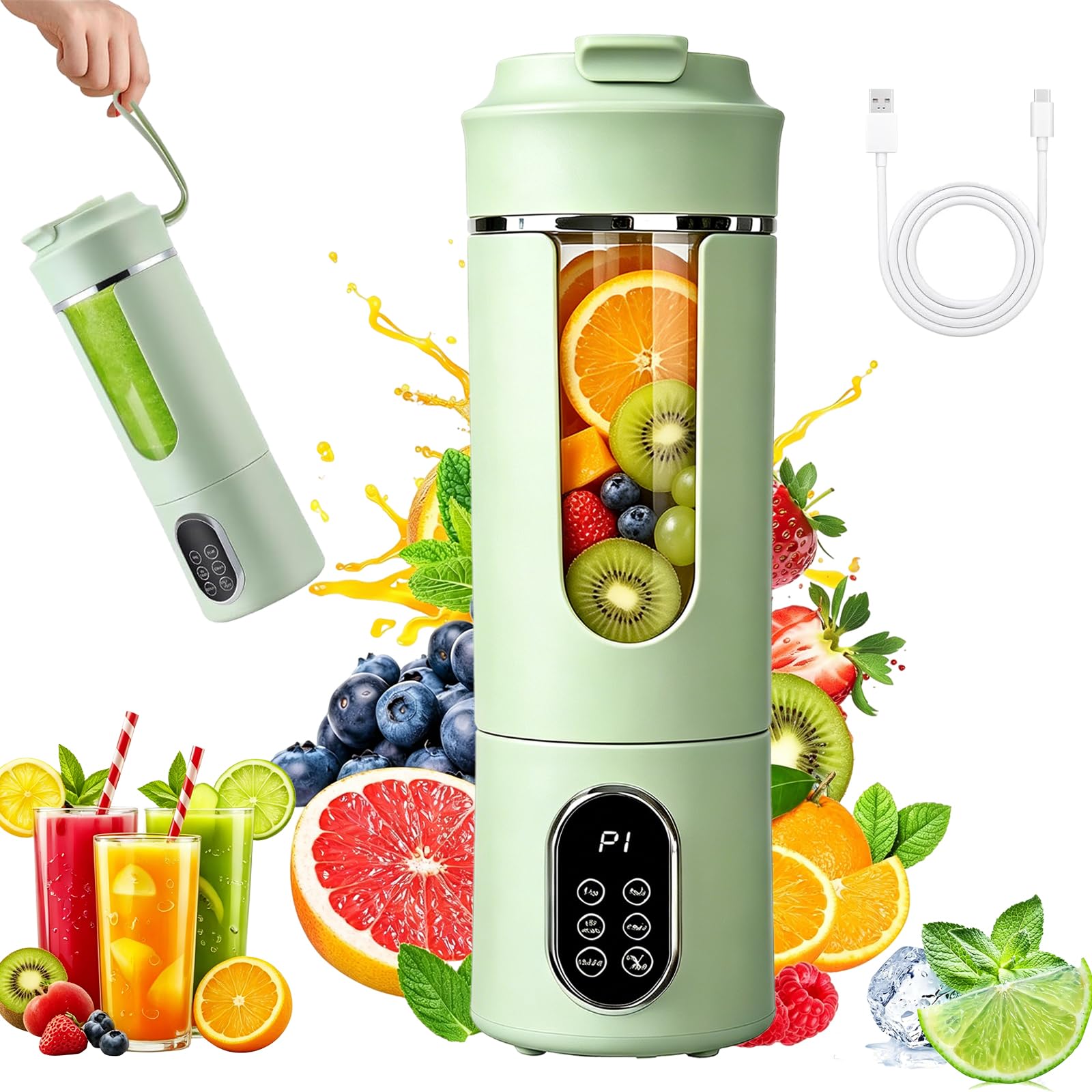 Portable Blender 530ml Fruit Veggie Juicer Cup Mini Electric USB Rechargeable Blender with 12 Blades Small Personal Blender for Smoothies Shakes Protein Leakproof Travel Blender for Home Sport Office