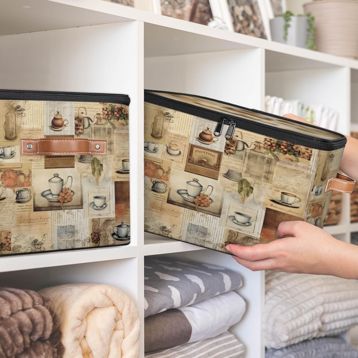 Storage Bin Set of 2 Newspaper Tea Storage Basket with Zipper Lid & Handle Foldable Closet Shelf 2 Pack Cloth Organizer Basket Cube Bins Clothes Organizer for Nursery, Bedroom