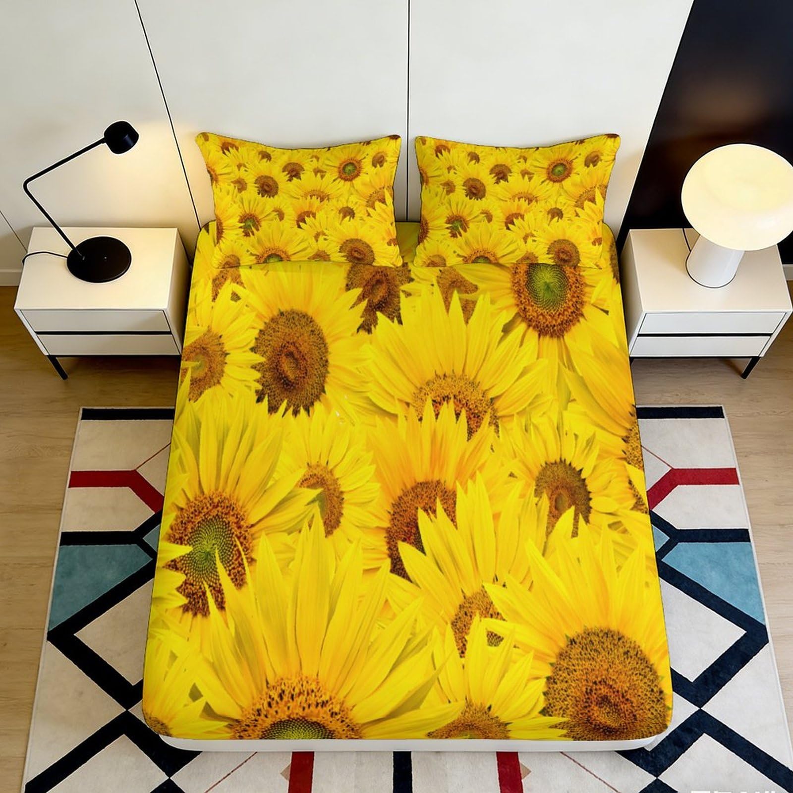 3D Printed Sunflower Field Fitted Sheet Microfiber Yellow Floral Mattress Cover for Bedroom Guest Bed Decor 90x200x25cm