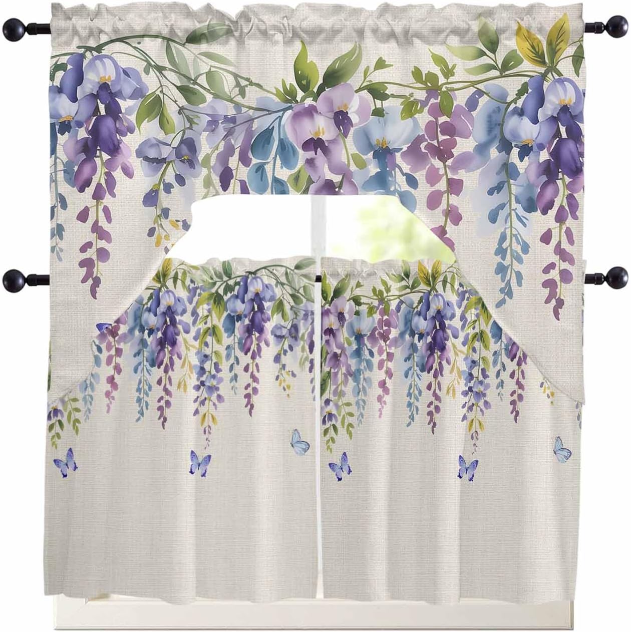 Purple Blue Flower Kitchen Curtains Swag Valance and Tier Curtains Set 24 Inch Length, Butter-Fly Leaves Plant Burlap Rod Pocket Drape Panels Pair Swag Curtains for Bathroom/Cafe/Window