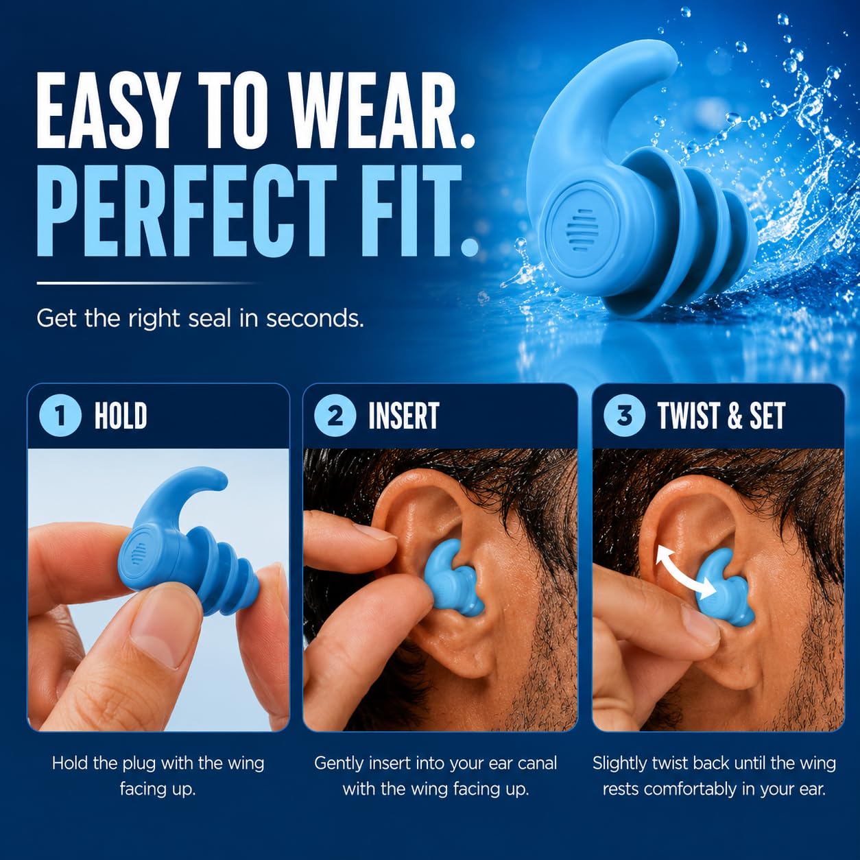 Pro Swim Tapones para los oídos, 3 pares, impermeables, reutilizables, de silicona, para natación, surf, esnórquel y todos los deportes acuáticos, verde, azul, coral