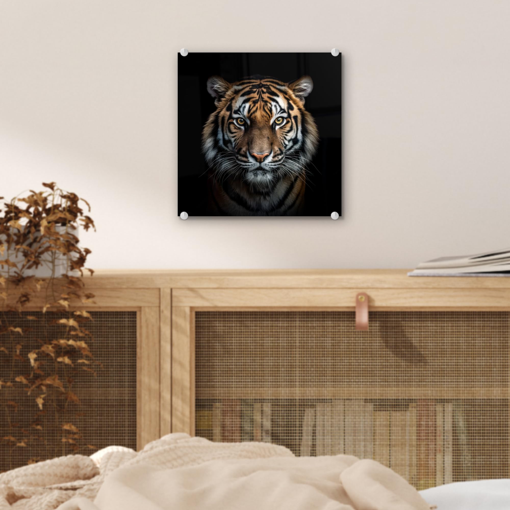 MuchoWow© Tableau en Verre 40x40 cm Déco Murale Salon Décoration Chambre Peinture Murale Déco pour la Maison Art Mural Tigre - Animaux - Noir - Portrait