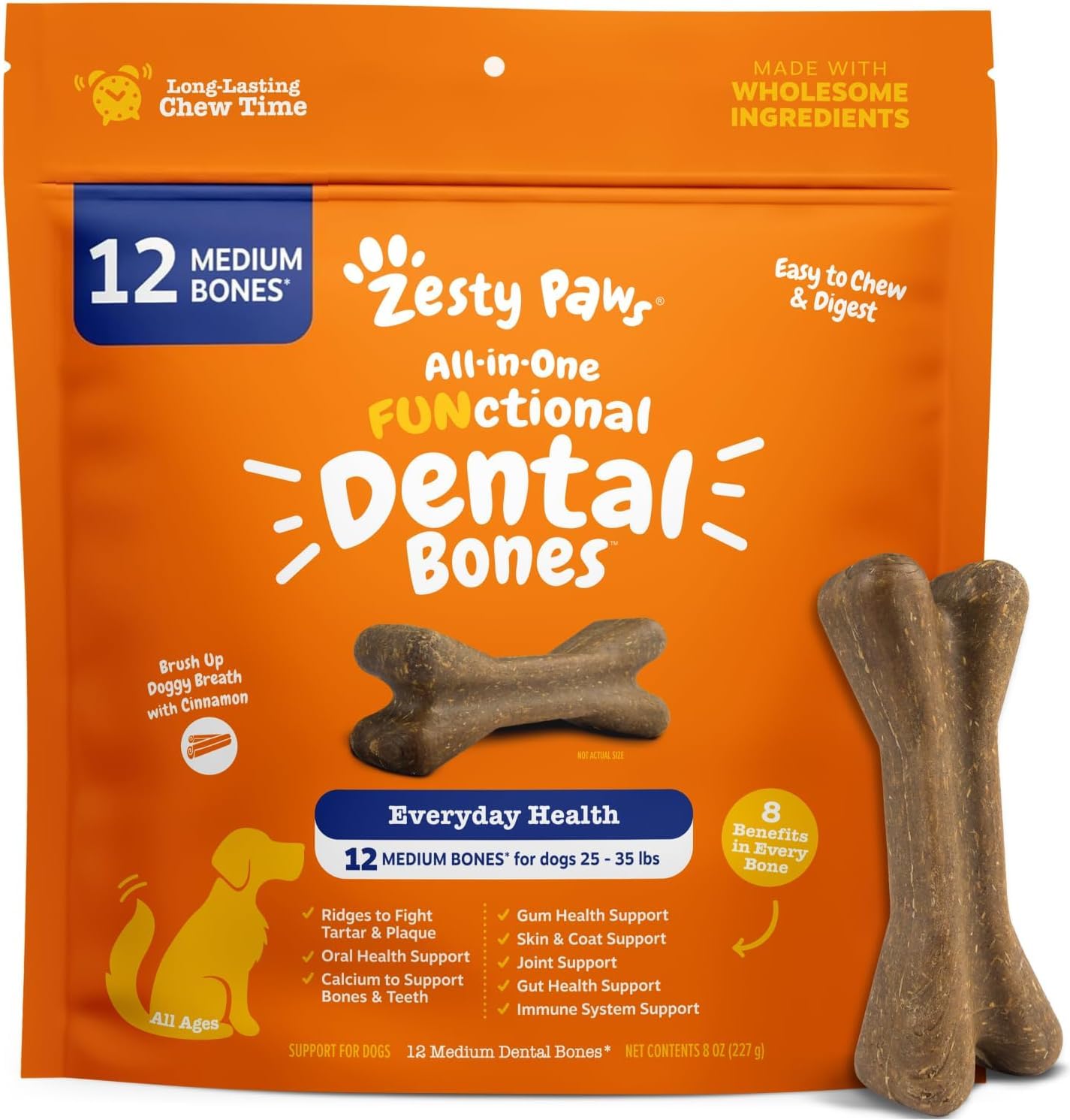 Zesty Paws Dental Bones - Fights Tartar & Plaque - Gum, Teeth & Bone Health - Cinnamon for Dog Breath - Immune, Joint, Gut, Skin & Coat Support - Omega 3 EPA & DHA and Calcium - Medium Dogs - 12 ct