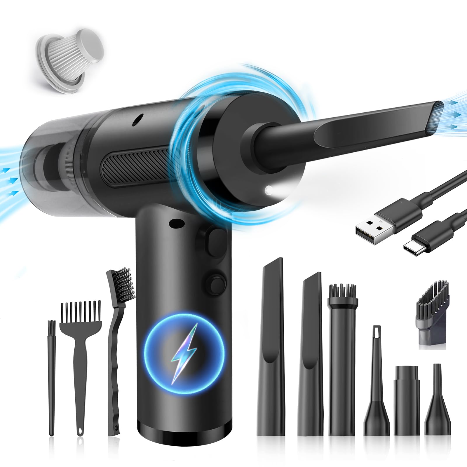 Souffleur Air Comprimé Aidisy 100000 TR/Min - Batterie 9000mAh, 3 Vitesses + LED - Nettoyage PC, Clavier, Électronique