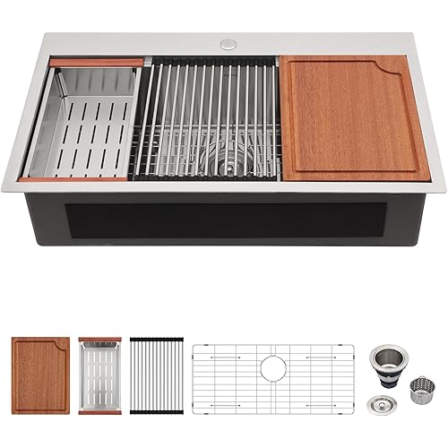 Logmey 33 Drop In Kitchen Sink - 33x19 Inch Stainless Steel 16 Gauge Workstation Kitchen Sinks Ledge Workstation Sink Single Bowl Topmount Sink 33x19x9 Inches Overmount Kitchen Sink