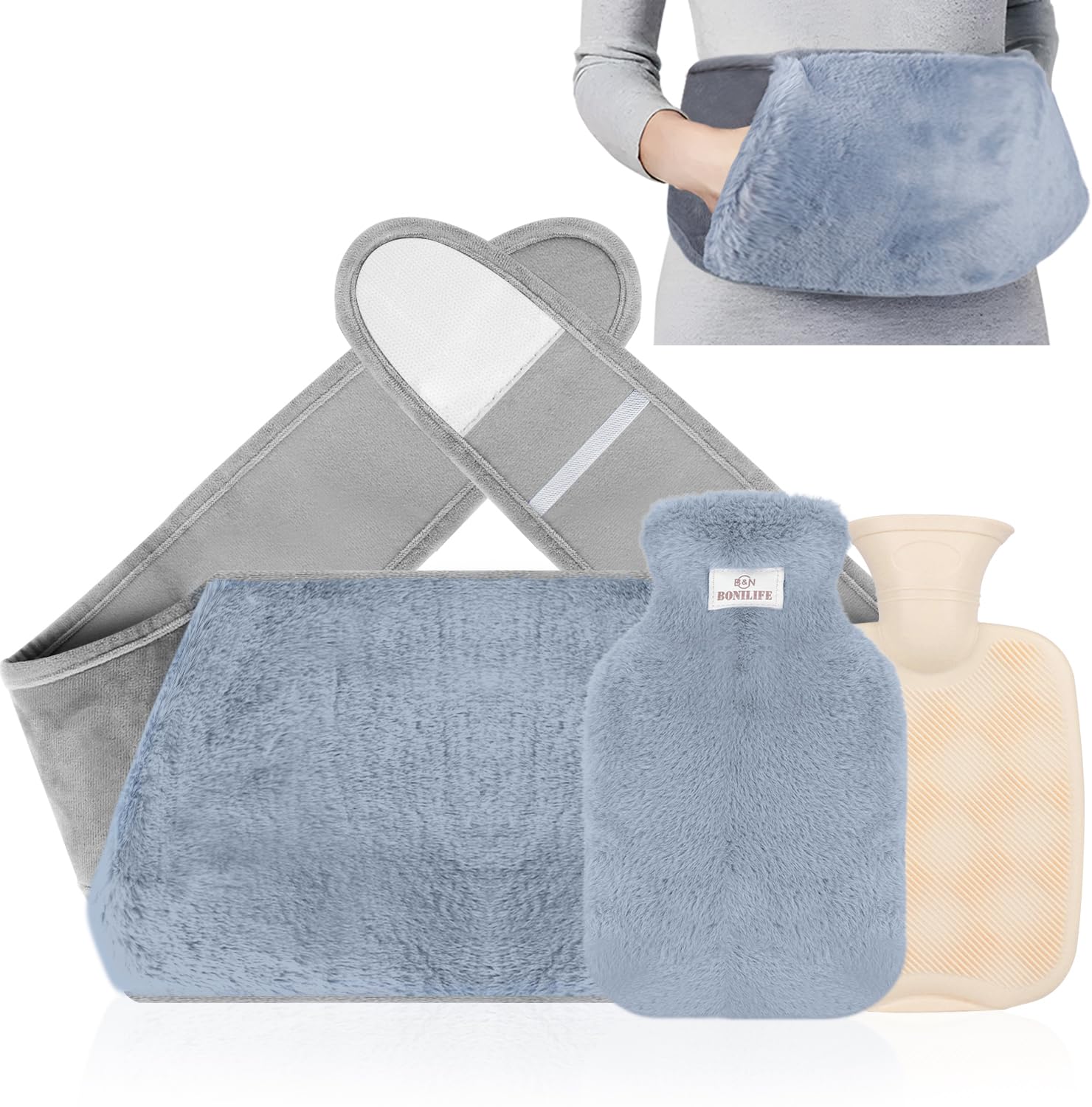 Hot Water Bottle Belt 3in1, Fluffy Wrap Around Wearable Hot Water Bottle with Waist Cover, 1L PVC Hot Water Bottle Pouch, Warm Hand Hot Water Bag for Waist Period Pain Relief, for Kids Adult