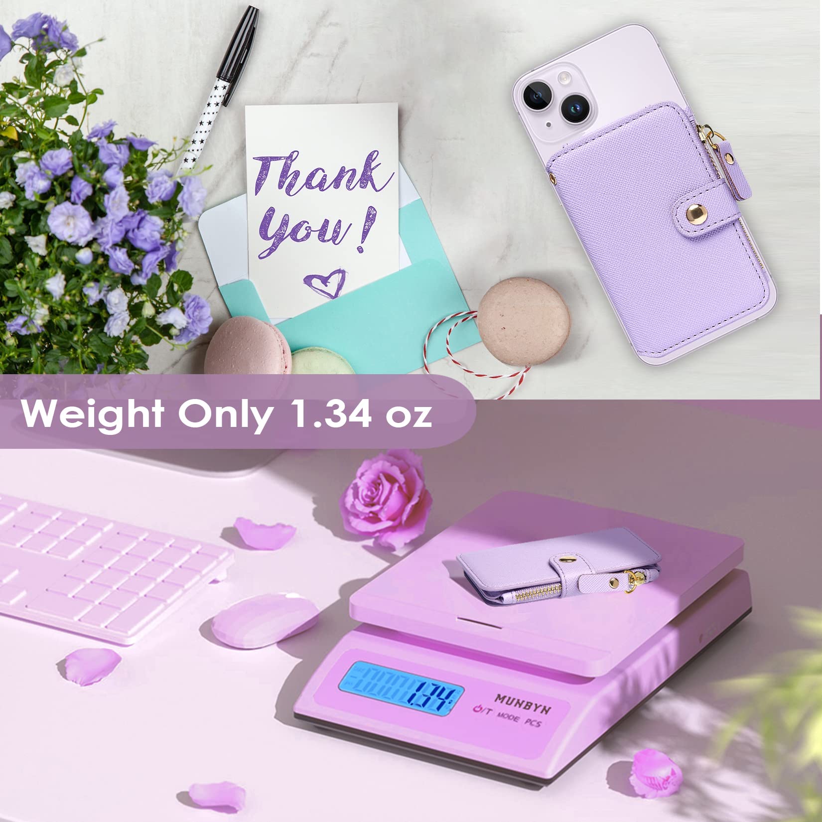 M-Plateau Cartera pequeña para mujer, soporte para tarjetas de crédito para mujer, adhesivo 3M, cartera para teléfono compatible con funda iPhone 14 Pro y la mayoría de teléfonos inteligentes (morado)