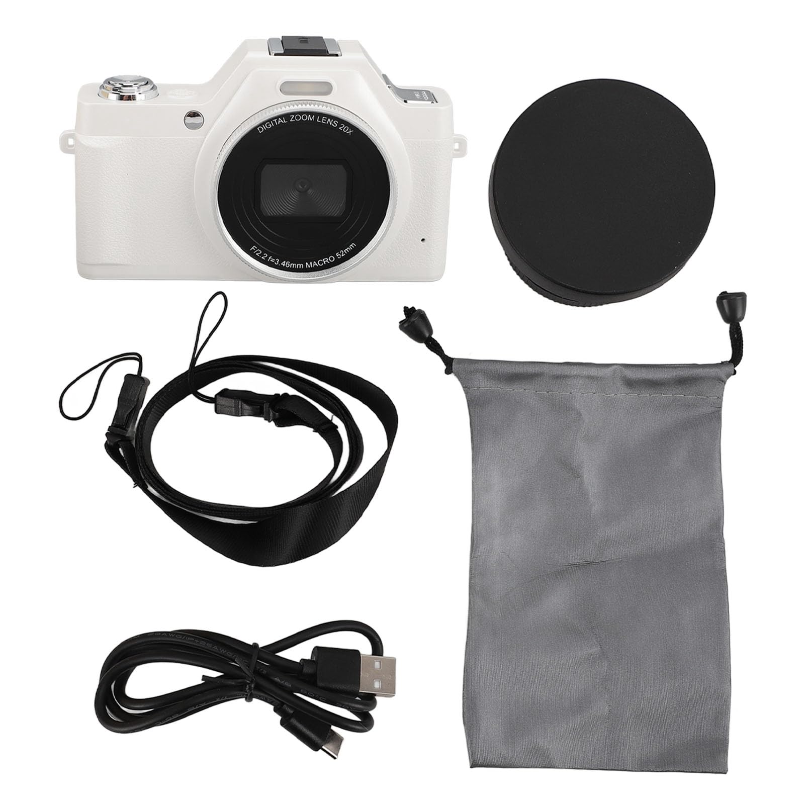 Digital Camera 2.88 Inch LCD Display 58MP 4K Video 20x Zoom Portable Vlog Camera - Auto Focus, Live Streaming Support, Ideal for Beginners and Travel (White)-image-0