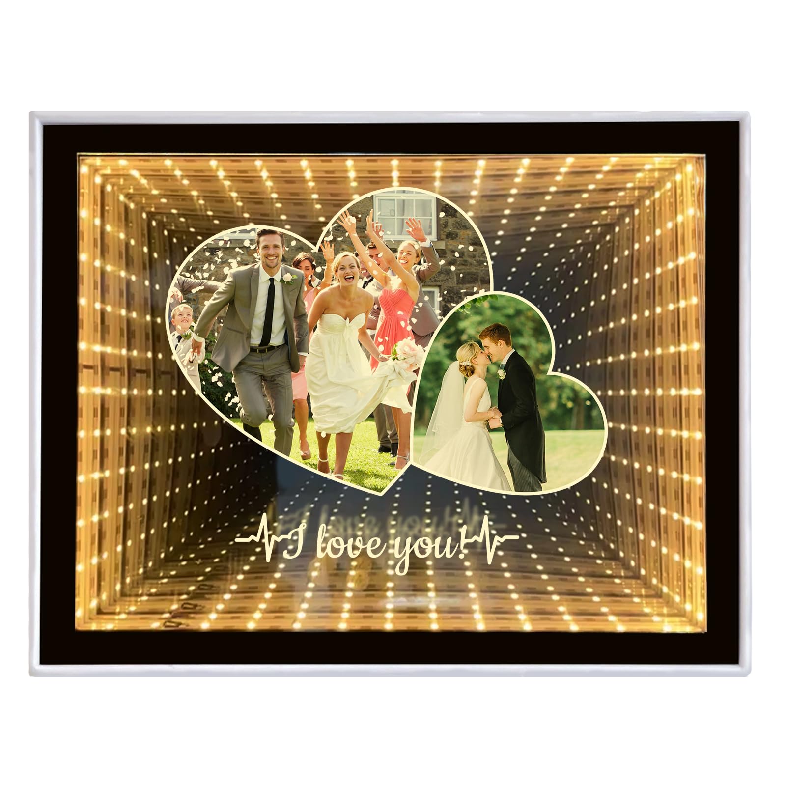 LINMQIU Personalised Photo Infinity Mirror, Desktop LED Night Light Makeup Mirror 2 in 1, Customized Photo Frame Gifts for Couples, Family, Friends, Home Decoration Bedroom Office Living Room