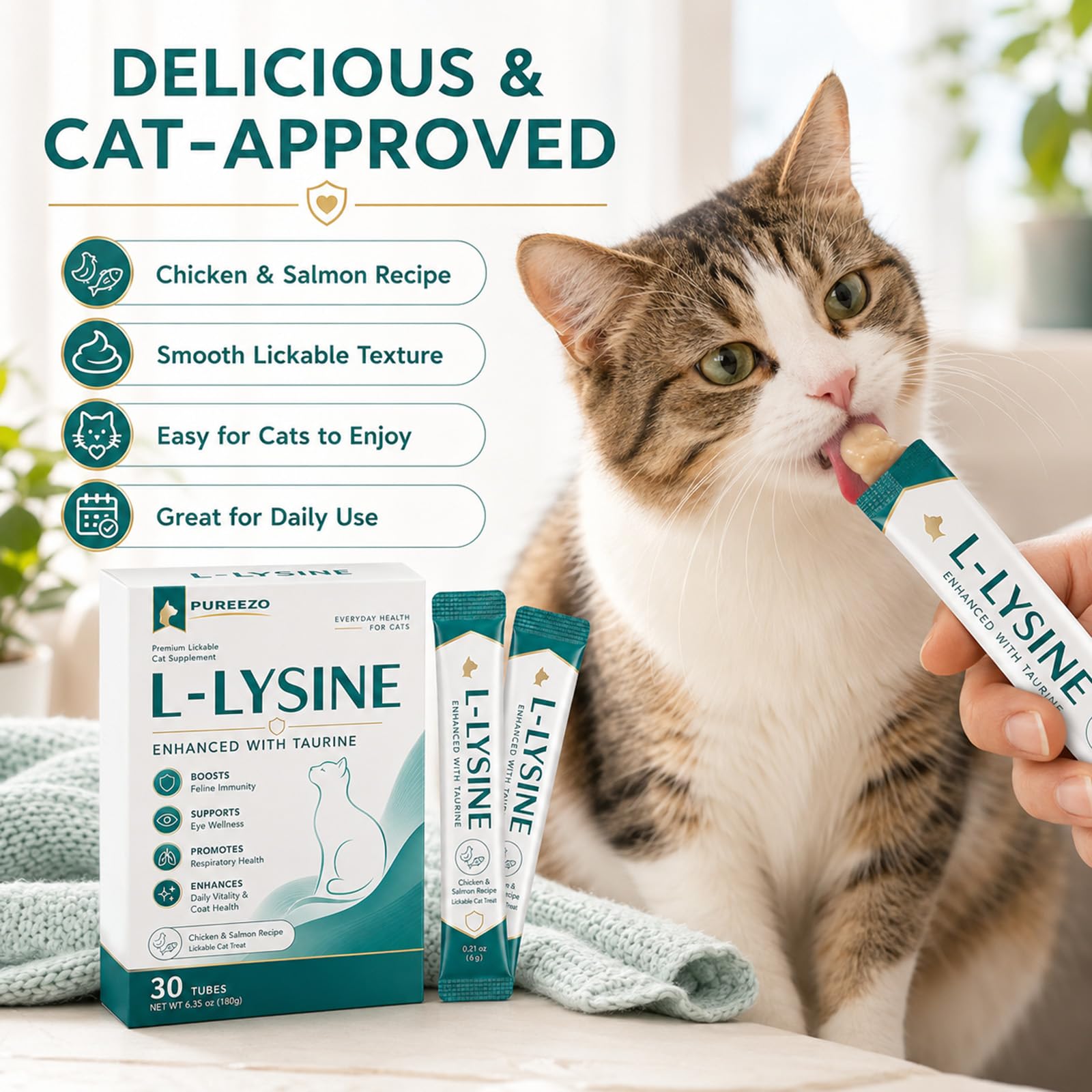 L-Lysine for Cats with Taurine, Immune, Respiratory & Eye Health Support, Helps Support Allergy Relief, Sneezing, Coughing, Runny Nose & Watery Eyes, Chicken & Salmon Flavor Lickable Cat Treats, 30 Ct — Amazon image 5