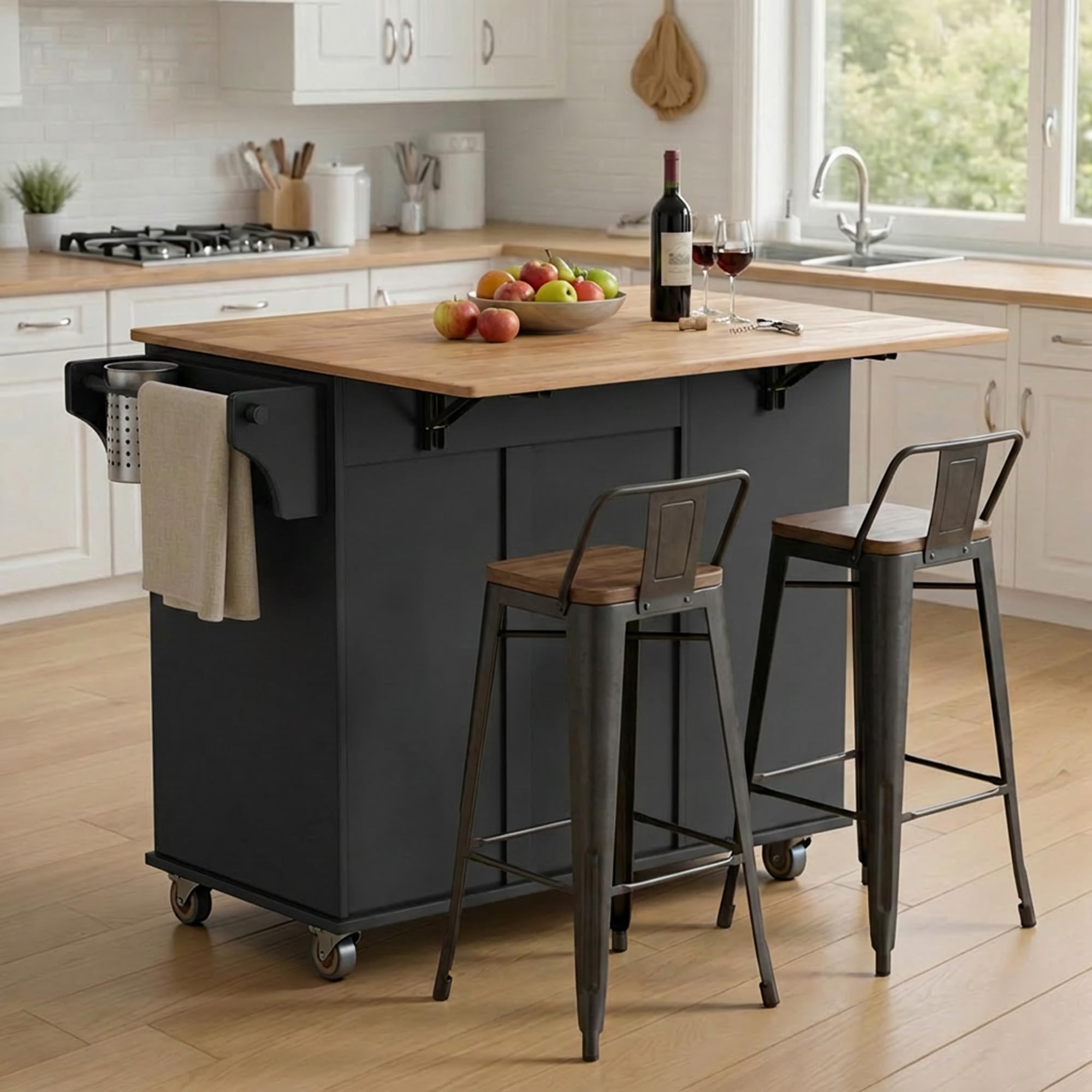 Xbro Îlot de Cuisine avec Emplacement pour Poubelle, Îlot de Cuisine sur roulettes, Meuble de Cuisine avec Plan de Travail Rabattable, Porte-Couteaux, Porte-Serviettes, 113 x 51 x 90 cm, Noir