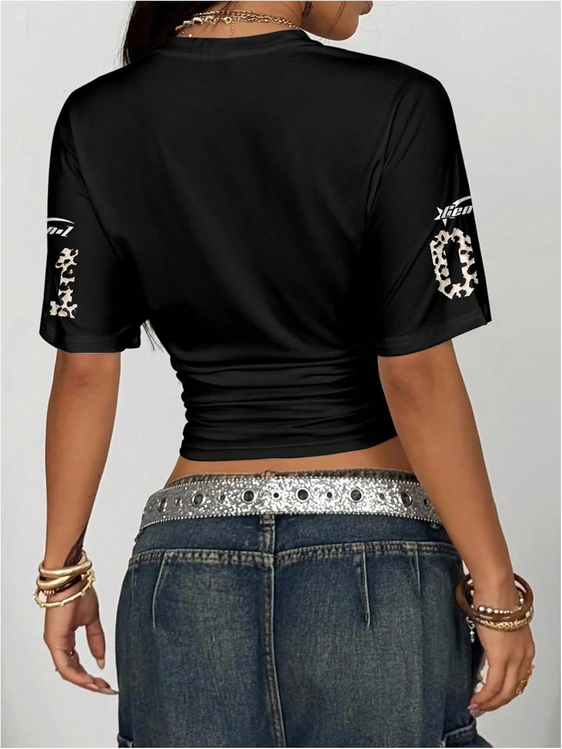 SOLY HUX Women's Y2k Jersey Shirt Leopard Number Graphic Tees Short Sleeve Ruched Crop Tops Streetwear - Image 2