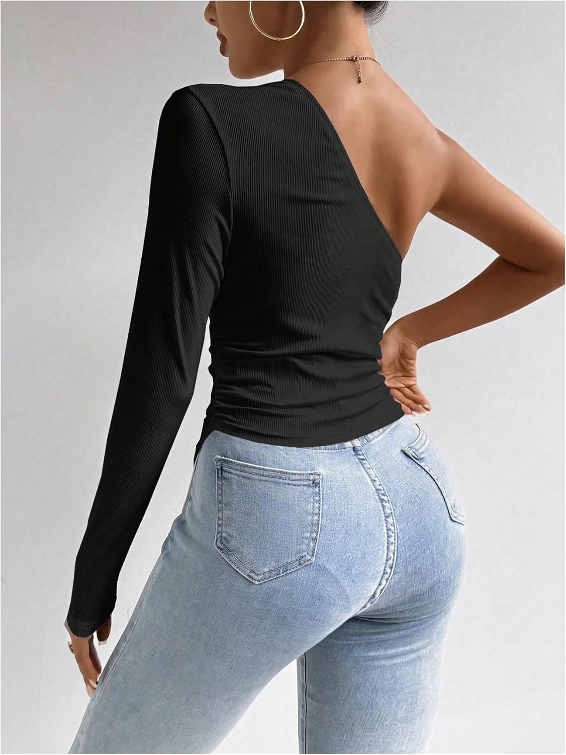 MakeMeChic Women's Rib Knit One Shoulder Ruched Tee Tops Asymmetrical Long Sleeve Slim Fitted T Shirts - Image 2