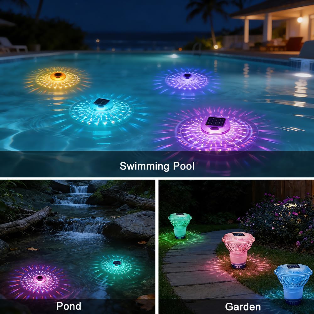 Mineup Diffuseur Chlore Piscine, Lampe Solaire Piscine Flottante avec Télécommande, Flotteur Chlore Piscine, Distributeur de Chlore Flottant, débit réglable et ouverture facile, lampe décorative RGB p