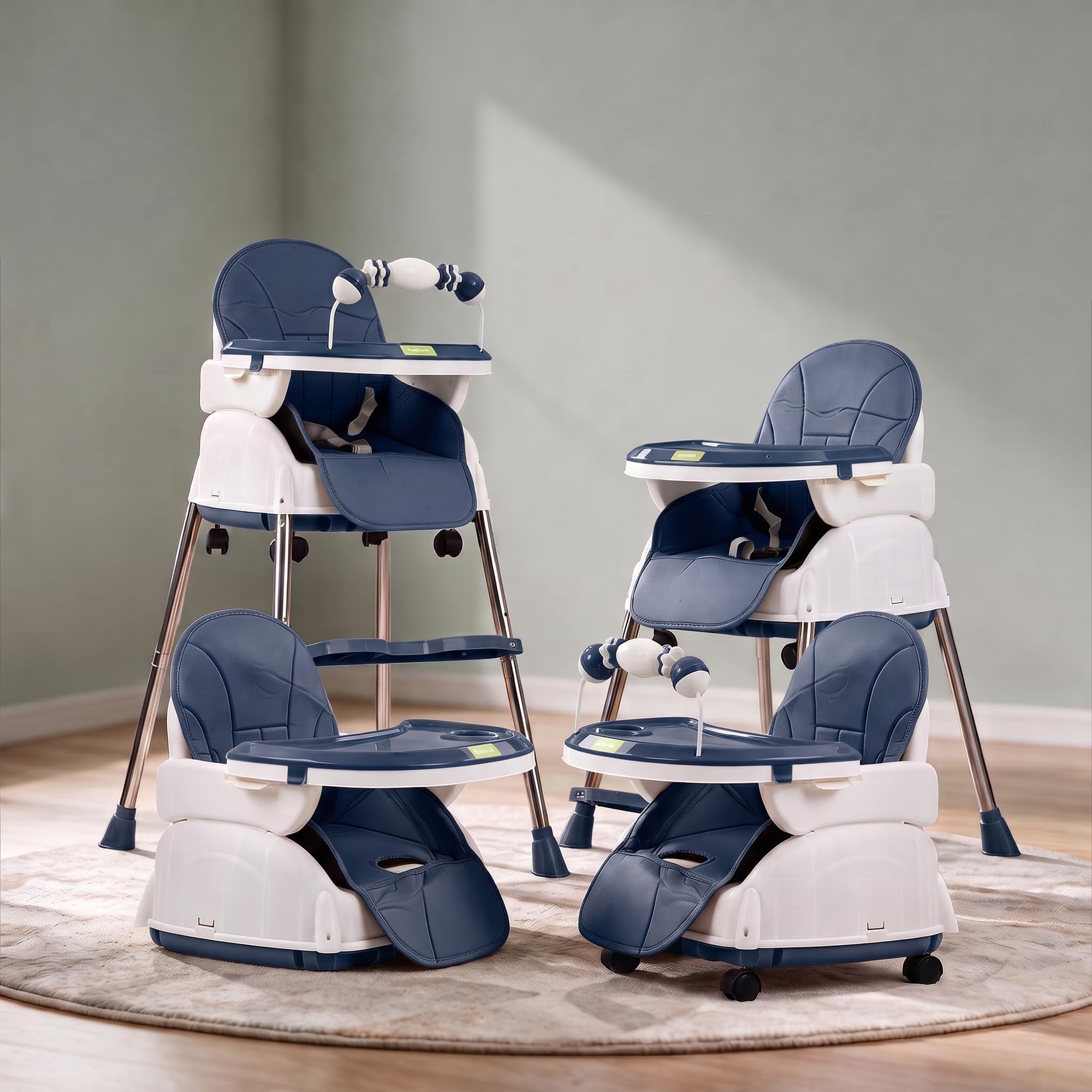 4 in 1 Convertible High Chair with Adjustable Height and Footrest,Baby Toddler Feeding Booster Seat with Tray,Wheels,Safety Belt and Cushion,for Boys & Girls 6 Months to 3 Yrs (Nora Navy Blue)