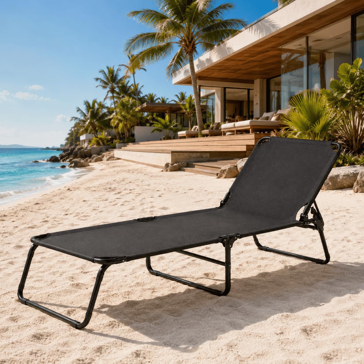 Lettino Pieghevole Prendisole Senza Tettuccio Parasole Schienale Reclinabile Regolabile Struttura In Metallo Nero Sedia Sdraio Per Spiaggia Mare Giardino Piscina 187 x 53 x 24 Cm Nero