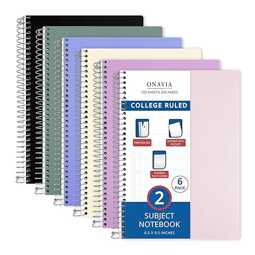 ONAVIA 2 Subject Spiral Notebook, 6 Pack, College Ruled, 6