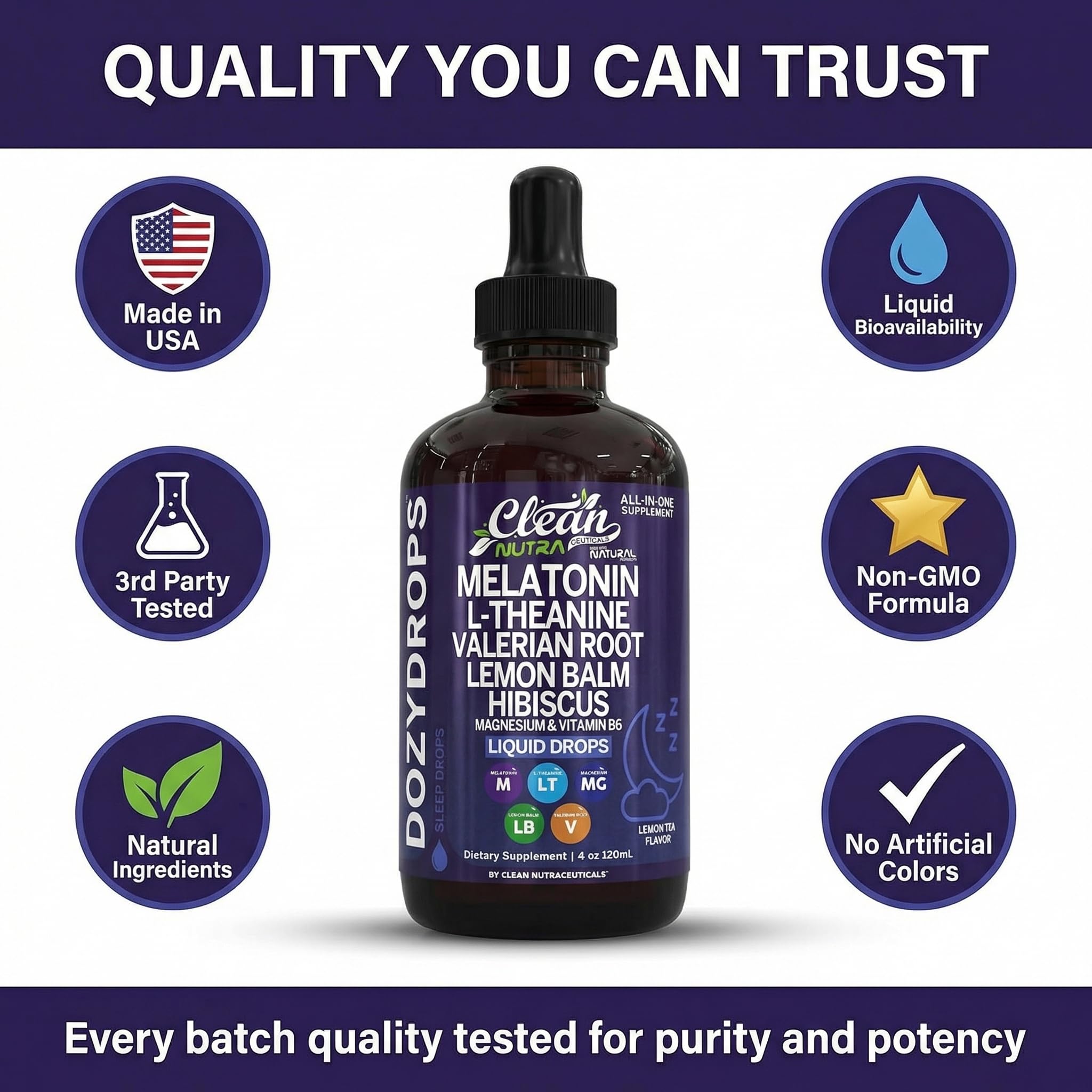 Clean Nutra Melatonin 10mg Drops Magnesium Vitamin B6 L-Theanine Valerian Hibiscus Lemon Balm Supplement Liquid Sugar-Free Vegan Natural Sleep Support Aid Lemon Tea Flavor 120mL Formula — Amazon image 8