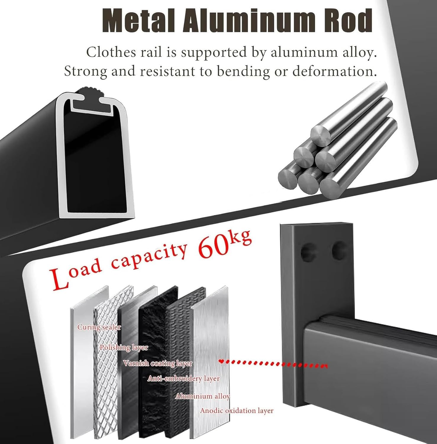 Closet Rod Aluminum Closet Rods Hanger Bar, 30 to 160 Cm Clothing Storage Rail with Silent Strip, Shower Curtain Rods for Wardrobes, Space Saving Closet Pole(140cm(55 1/8))