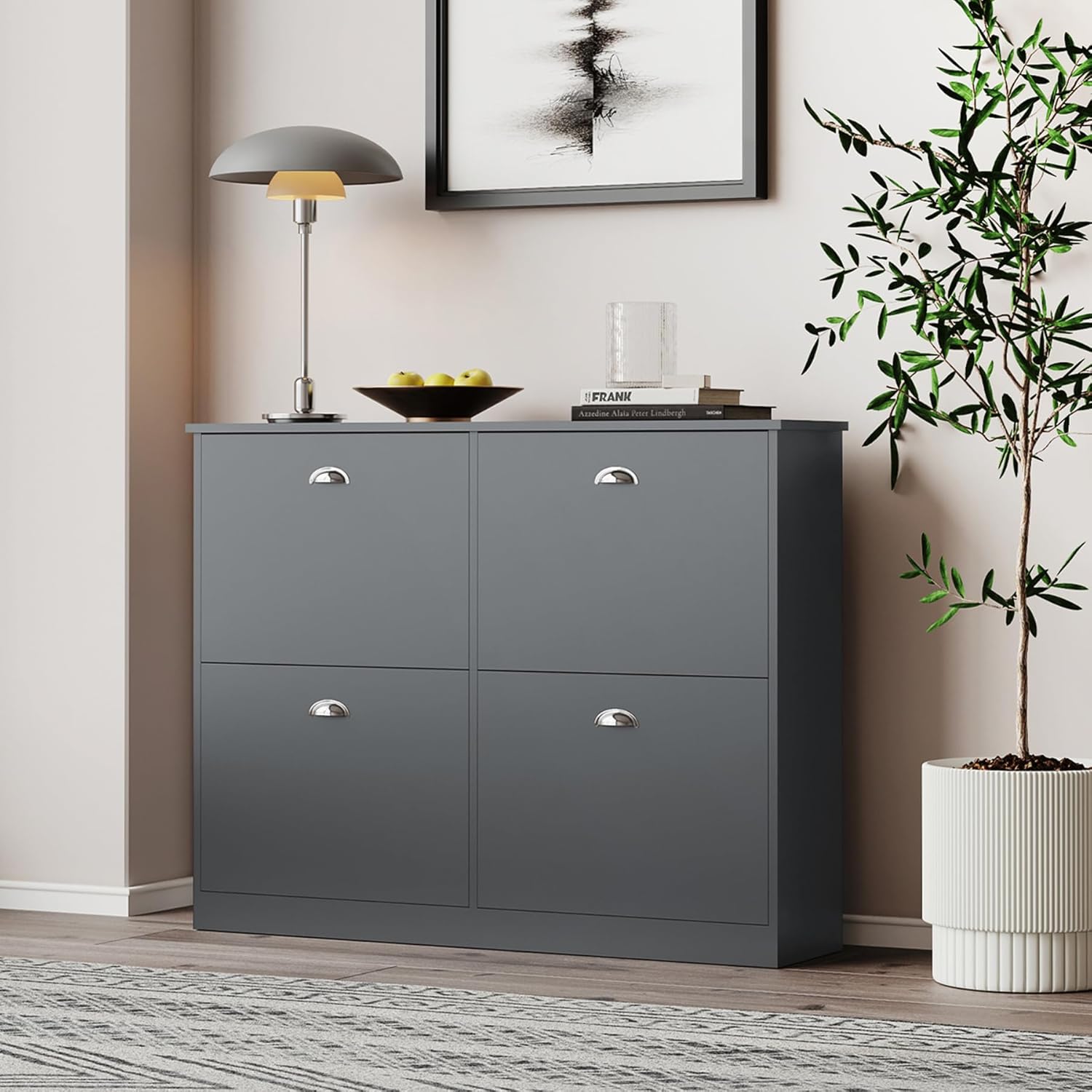 Hidden Slim Shoe Cabinet with 4 Drawers - Narrow Flip-Top Entryway Shoe Rack, Adjustable Shelves, Original Wood Color, Wall-Mountable for Hallway, Bedroom, Foyer (Gray)