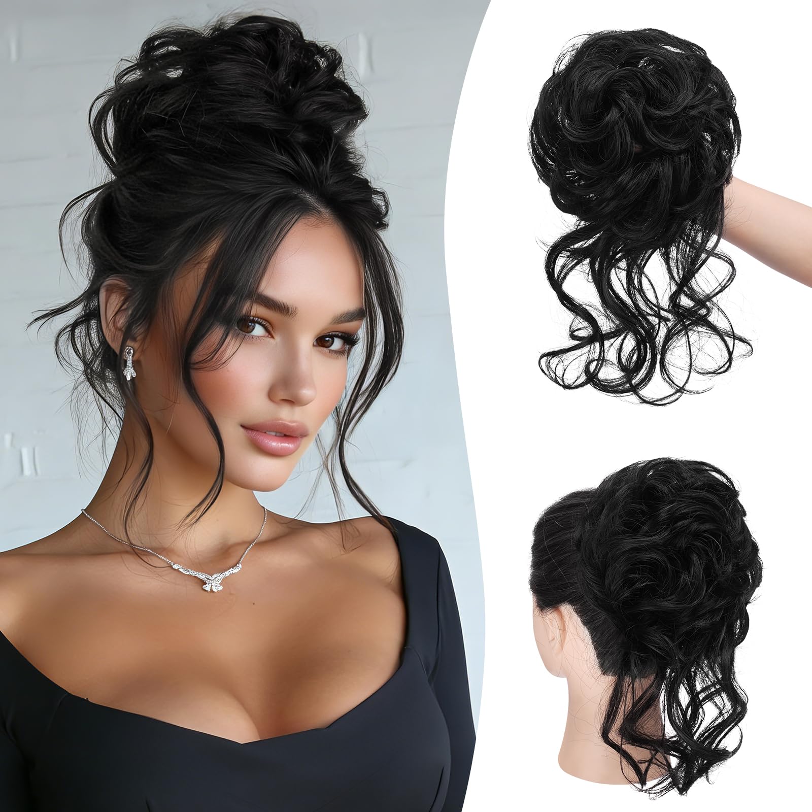Sofeiyan Moños Postizos, Voluminoso Postizos de Pelo con Goma Rizado Sintética Donut Moño Extensiones Extensiones de Cabello Moño de Pelo Ondulado Postizo para Mujer, Negro