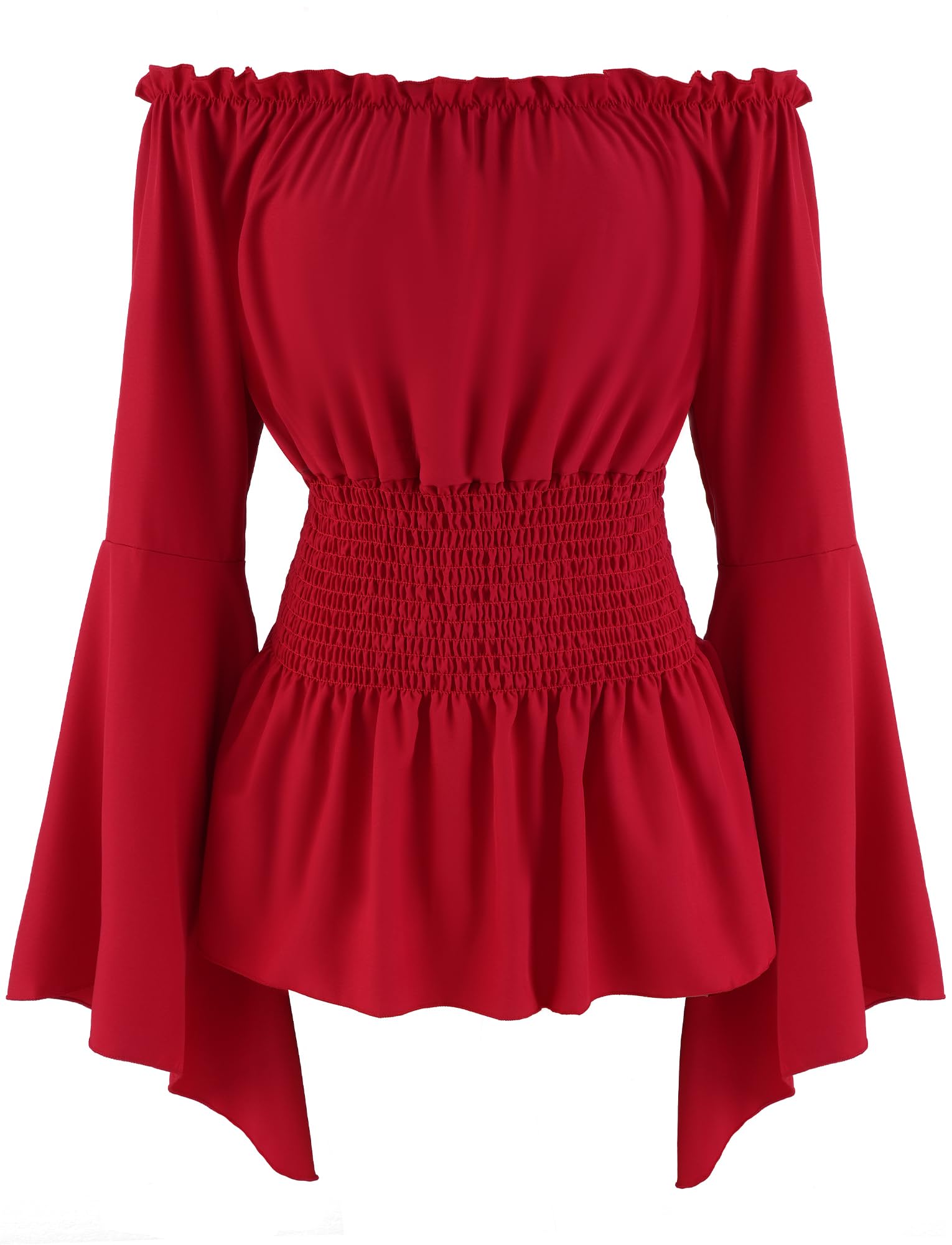 SEAUR Medieval Clothing Ladies Gothic Steampunk Trumpet Sleeve Costume Off Shoulder Ruffle Blouse Birthday Party Red 2XL