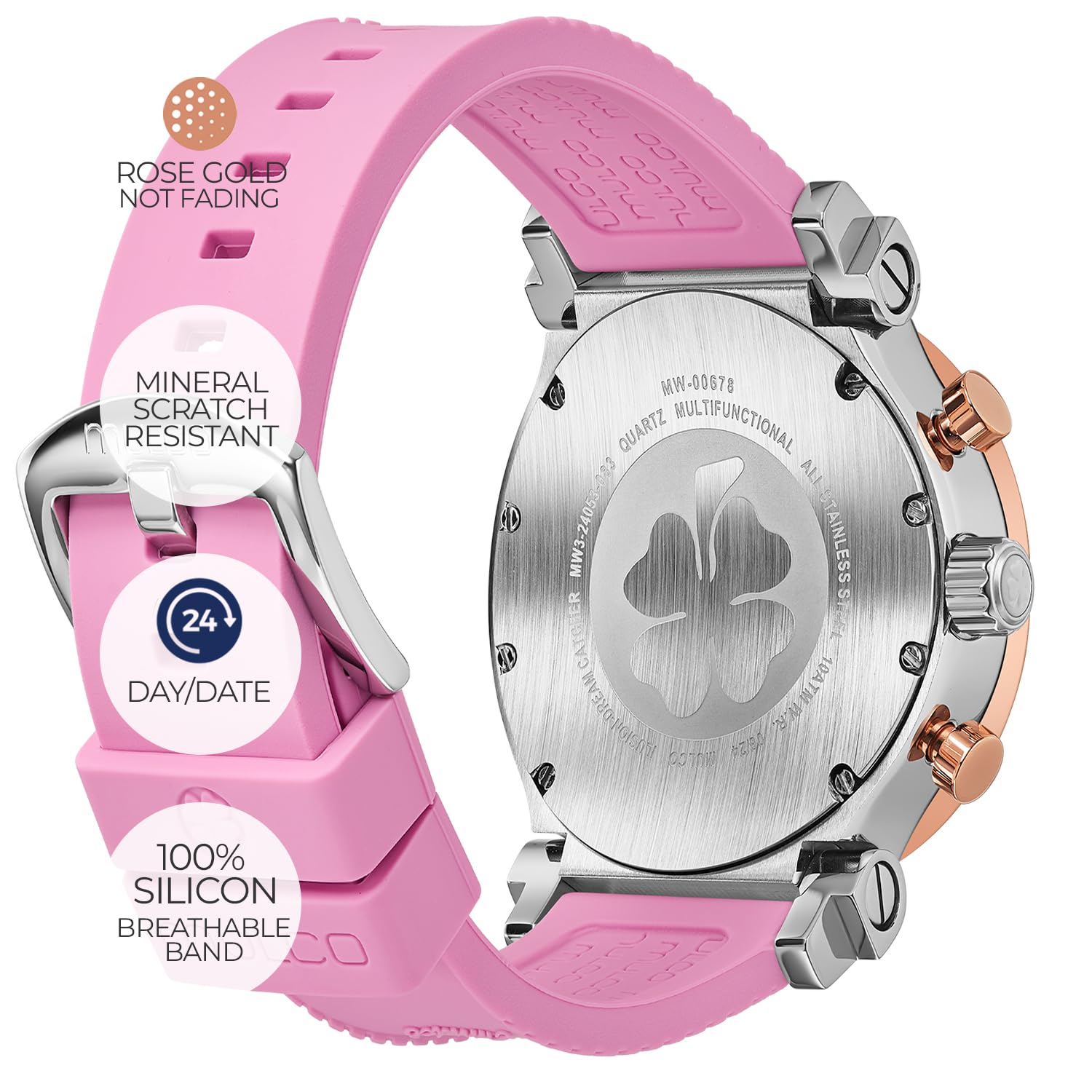 MULCO Dream Catcher - Reloj de mujer - Caja de acero inoxidable de 46 mm, movimiento analógico de cuarzo Miyota JP25, resistente al agua hasta 10 ATM, correa de silicona, multifunción, batería SR621SW