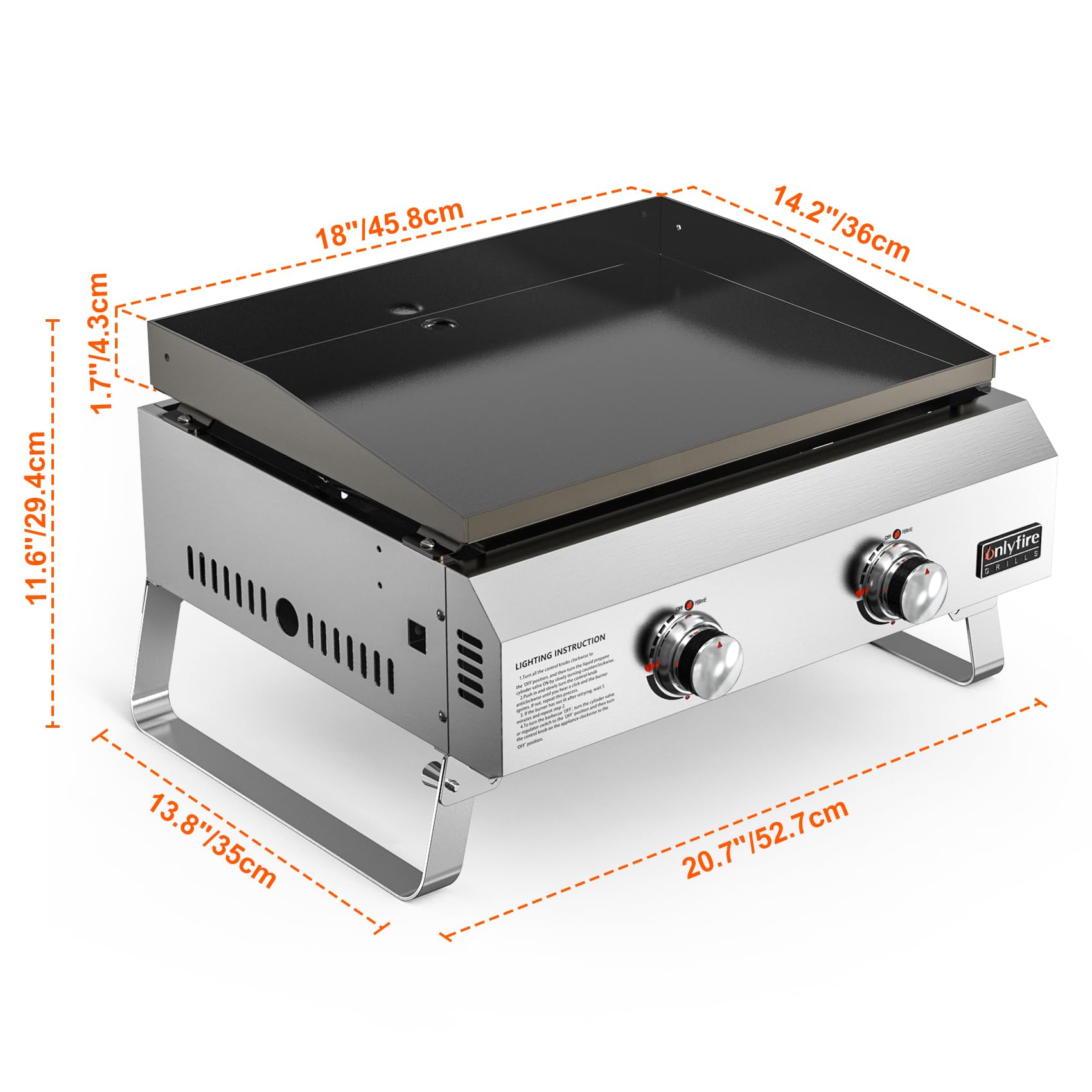 onlyfire Plancha à Gaz de Table en INOX, Barbecue Gaz avec 2 Brûleurs 4.7kW, Plancha 46x36cm avec Revêtement en Céramique Antiadhésif, Pieds Pliables pour Terrasse, Balcon et Camping