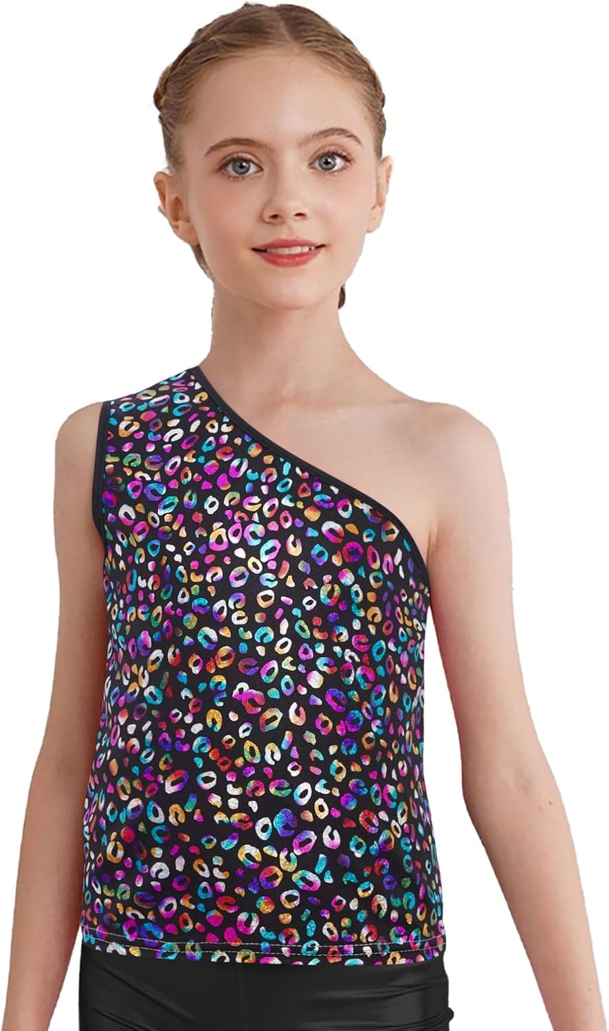 YiZYiF Big Girls' Hip Hop Performance Metallic Camisole Jazz Dance Tank Vest One Shoulder Athletic Shirt Ballet Crop Top
