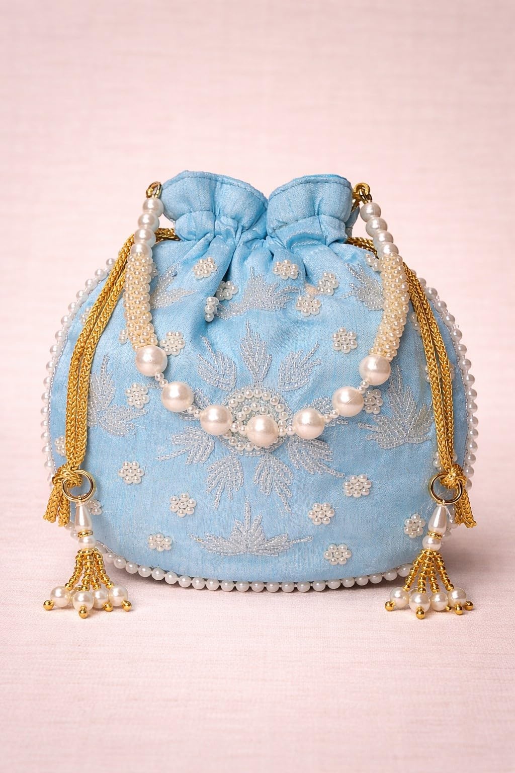 JDDCART Sky Blue Potli Bag with Intricate Moti Beadwork for Women-image-5