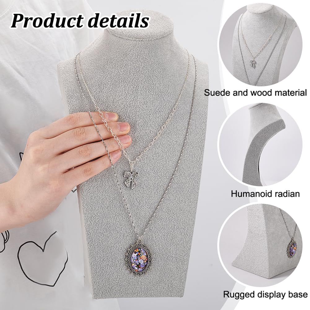 PH PandaHall Busto Espositore Collana in Velluto Grigio Espositore per Gioielli per Collana Legno, 3D Collana a Catena Modello Busto per Gioielli Girocolli Pendenti Catene e Collane, 9.5x17x28cm