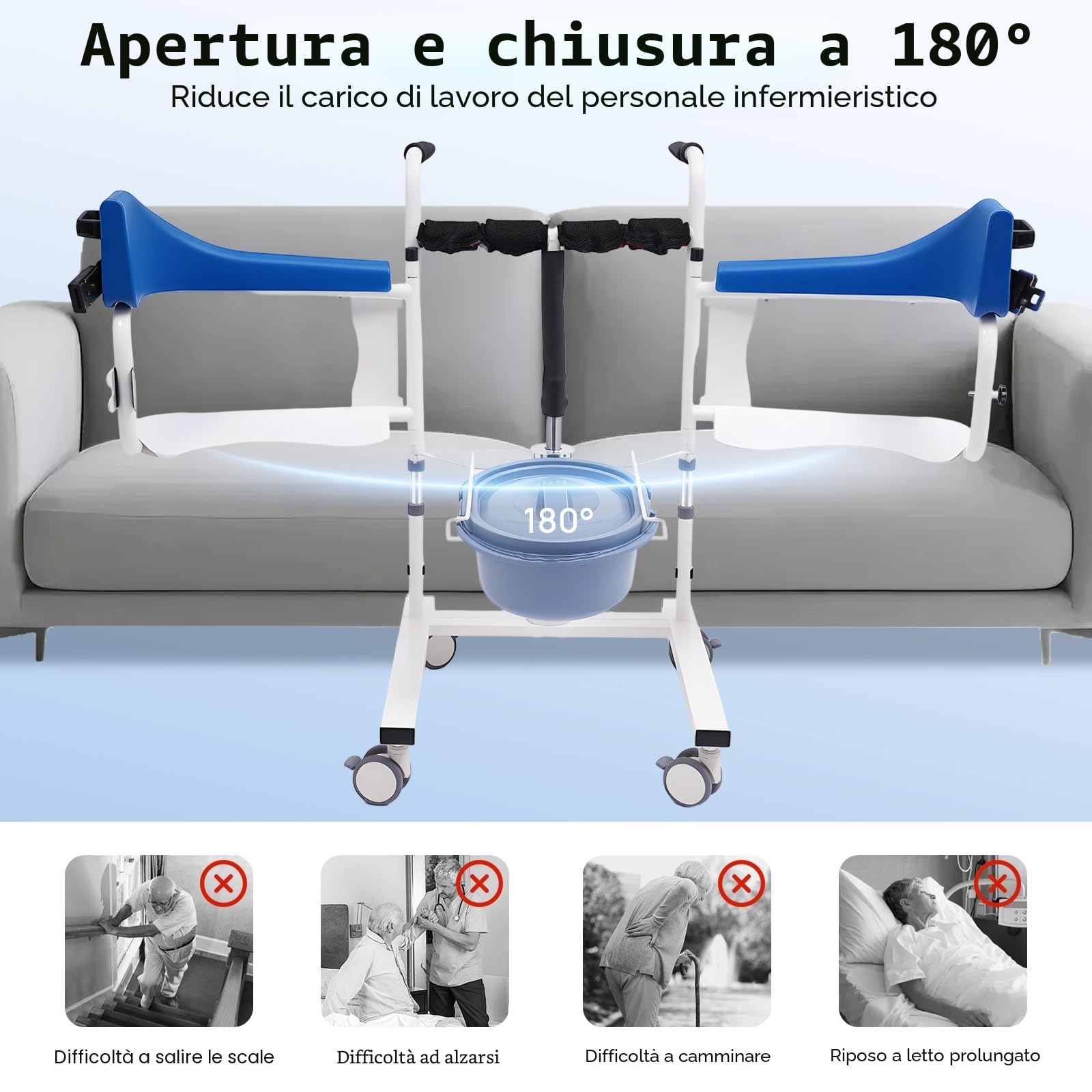 Sedia Sollevamento Idraulica per Trasferimento Pazienti, Stretta 51cm, Portata 90kg, con Ruote e Vasino, Sollevamento manuale 42 – 61 cm, per Anziani e Assistenza Domiciliare